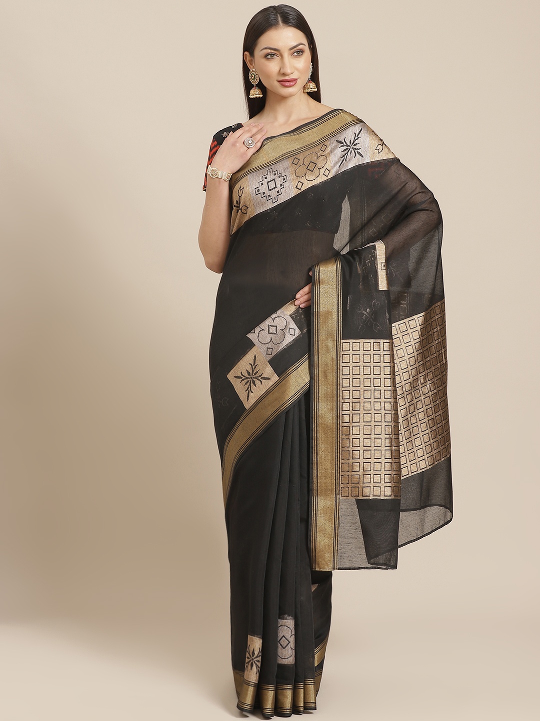 

Chhabra 555 Black Solid Chanderi Saree