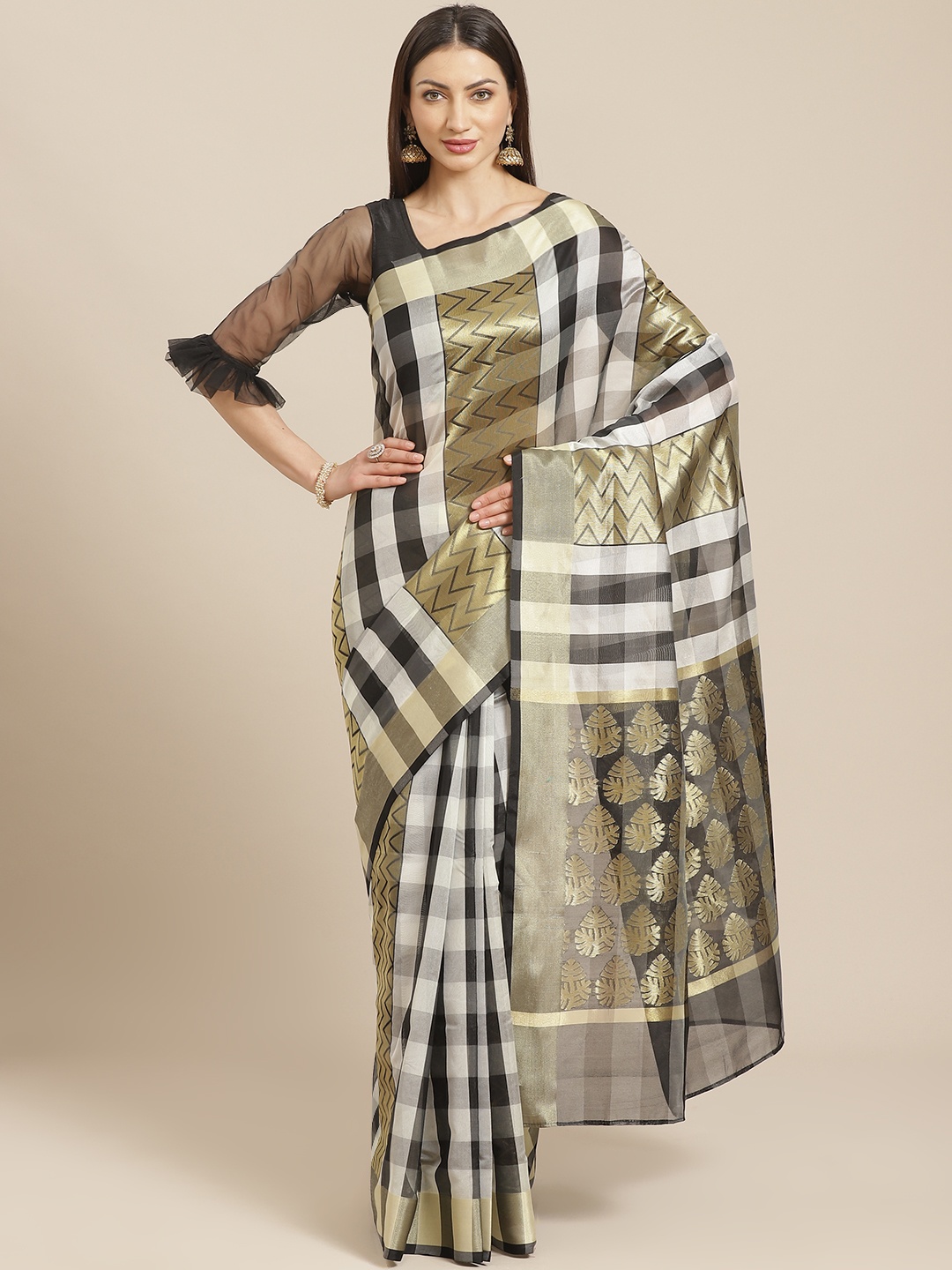 

Chhabra 555 Black & Golden Checked & Zari Chevron Woven Design Handloom Mangalagiri Saree