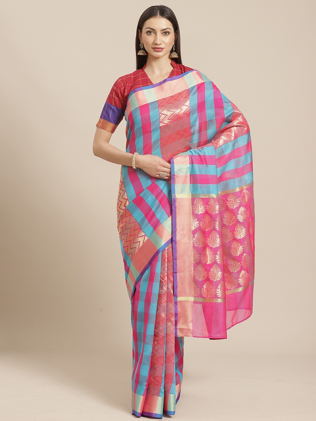 

Chhabra 555 Turquoise Blue & Pink Woven Design Mangalagiri Saree