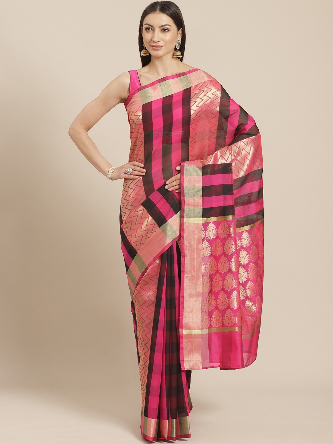 

Chhabra 555 Pink & Black Handloom Checked Mangalagiri Saree