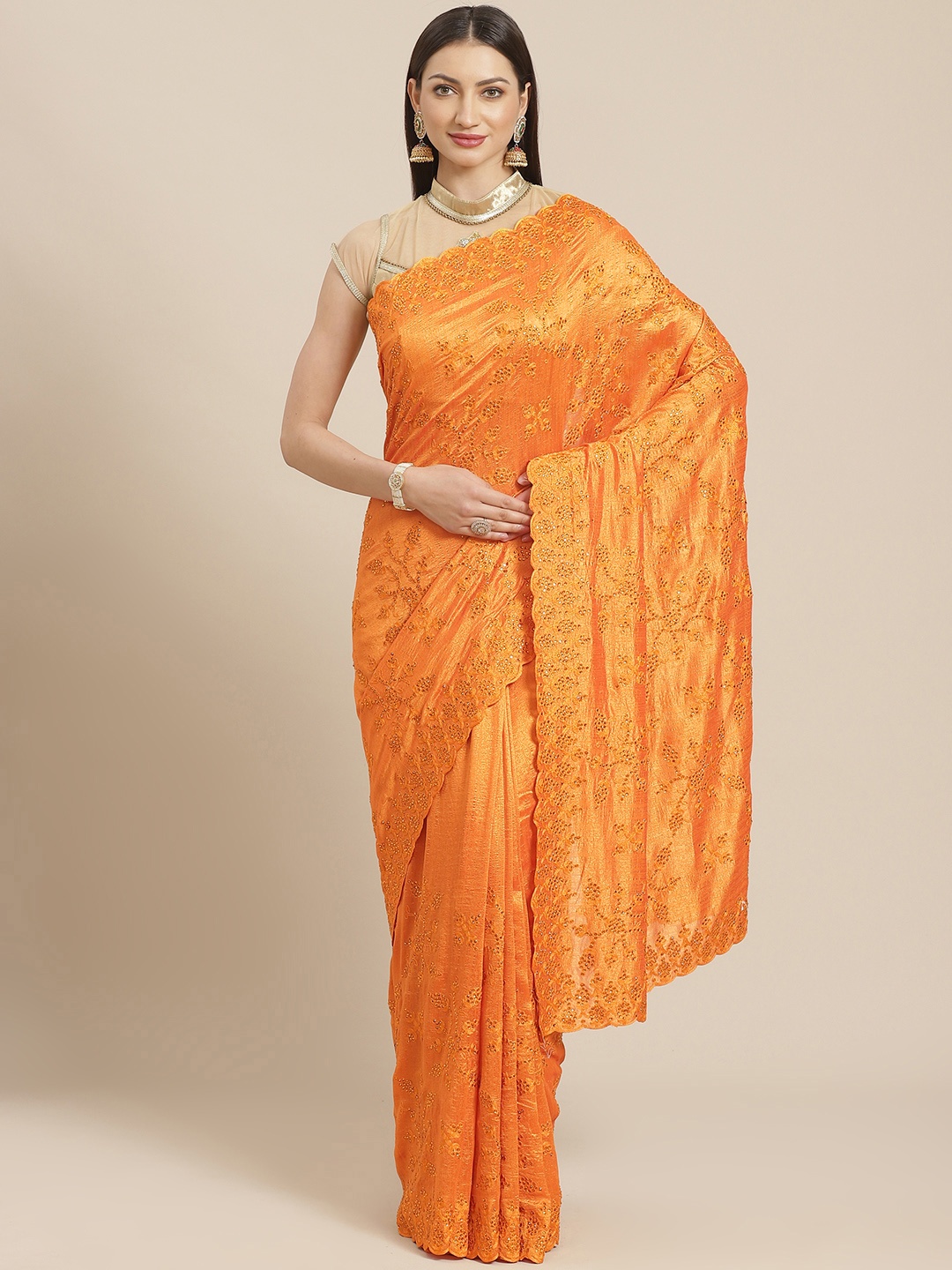 

Chhabra 555 Orange Embroidered Saree