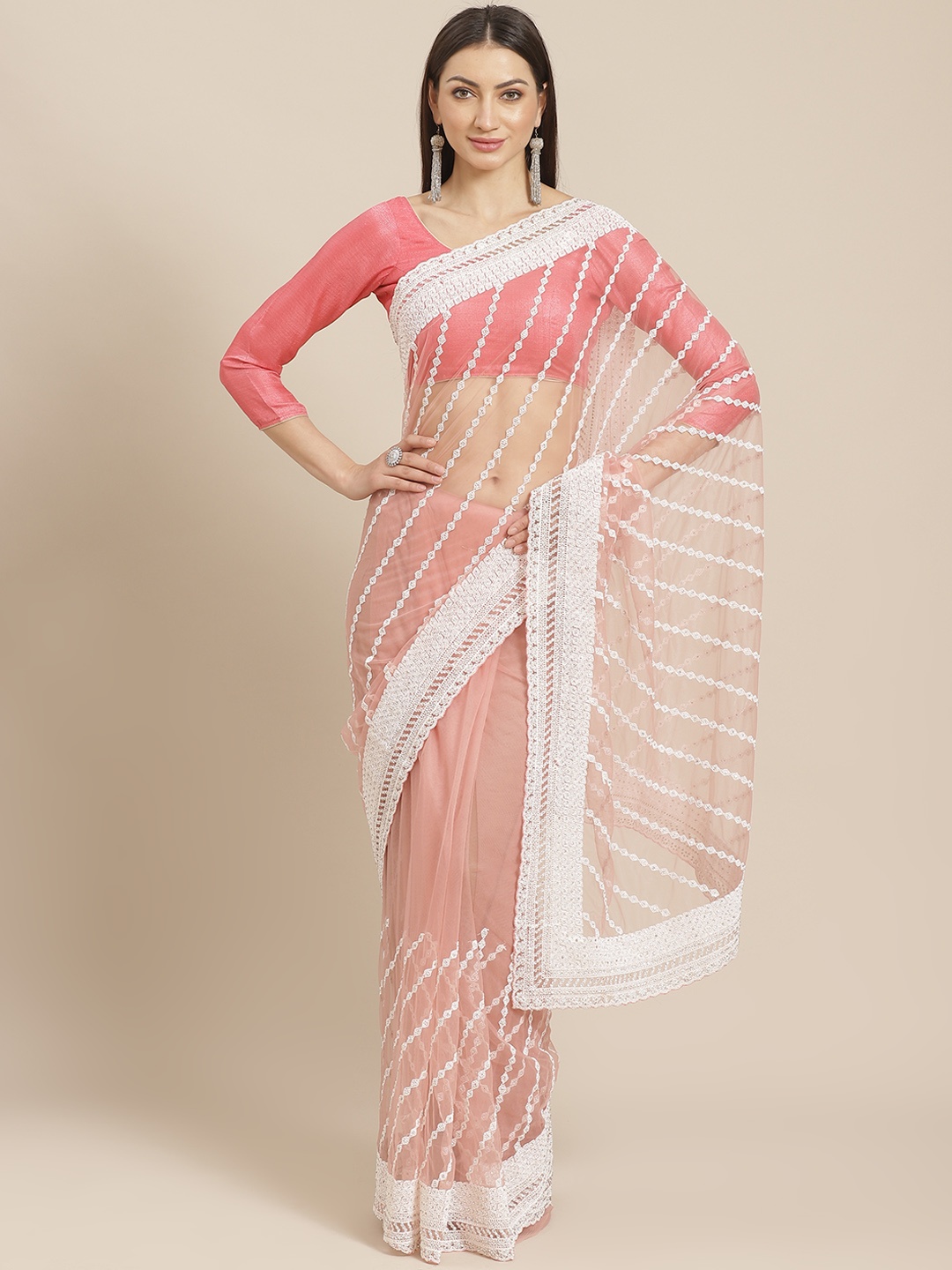

Chhabra 555 Pink & White Net Embroidered & Stone-Studded Saree