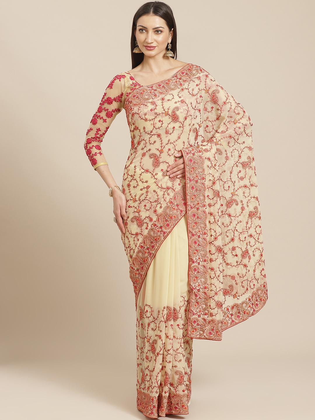 

Chhabra 555 Beige & Maroon Resham Embroidered Saree