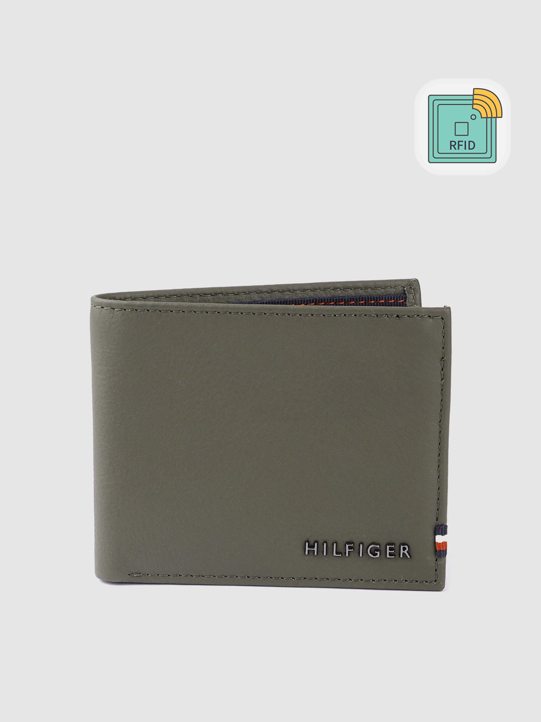 

Tommy Hilfiger Men Olive Green Leather Solid RFID Protected Two Fold Wallet