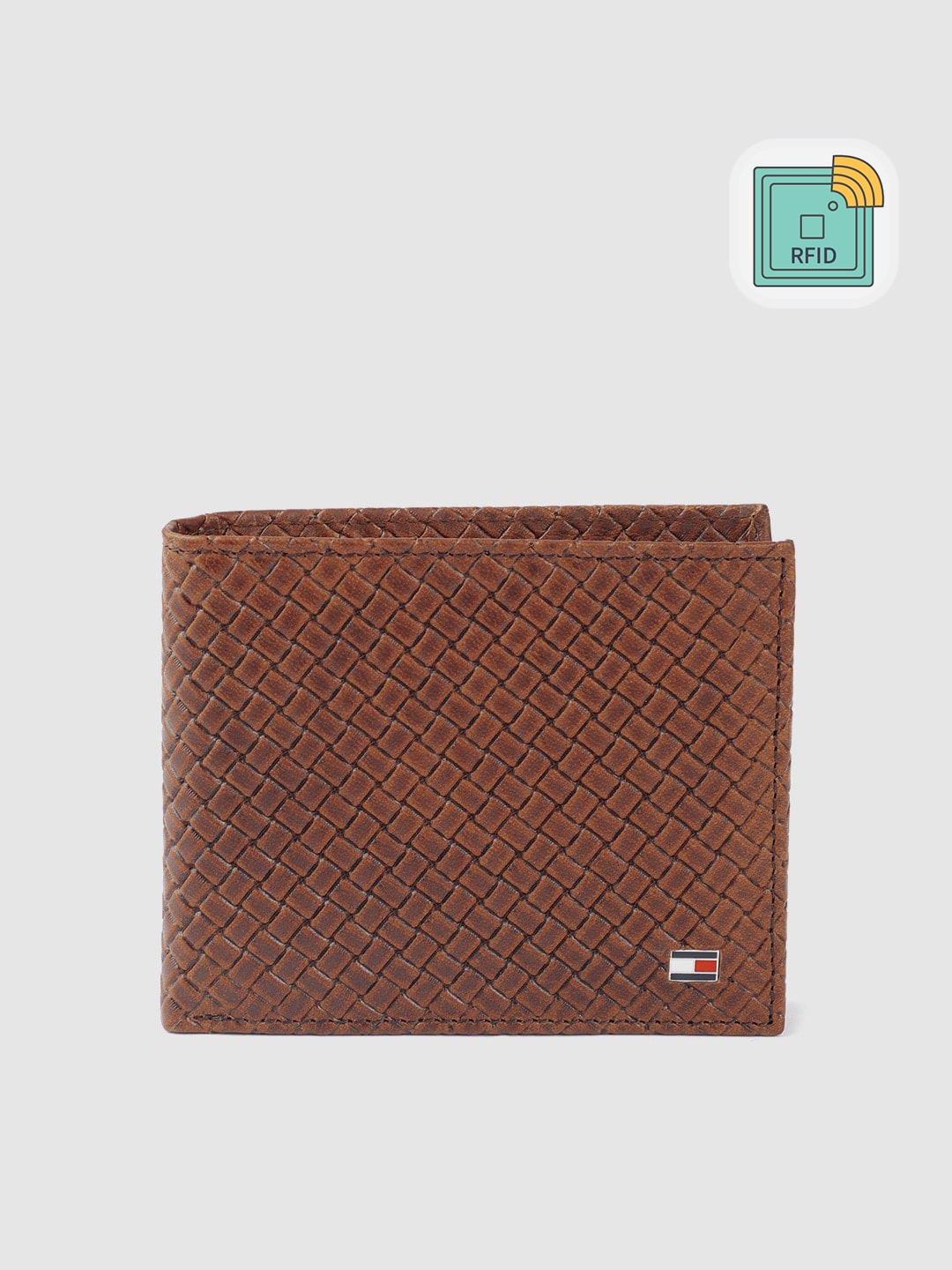 

Tommy Hilfiger Men Brown Leather Basketweave RFID Two Fold Wallet with Detachable Flap