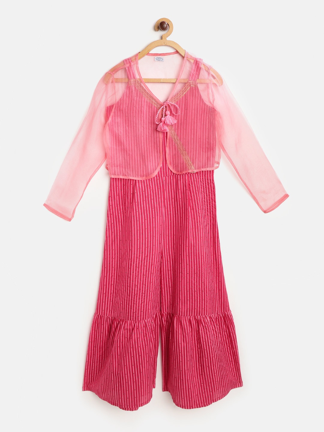 

NAAV BY AVNEET Girls Pink & Golden Striped & Ditsy Dots Print Basic Jumpsuit & Sheer Shrug