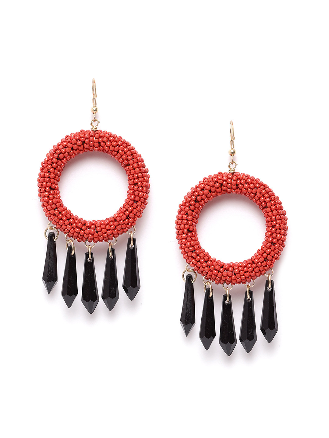 

Blueberry Red & Black Gold-Plated Handcrafted Tasselled Beaded Circular Drop Earrings