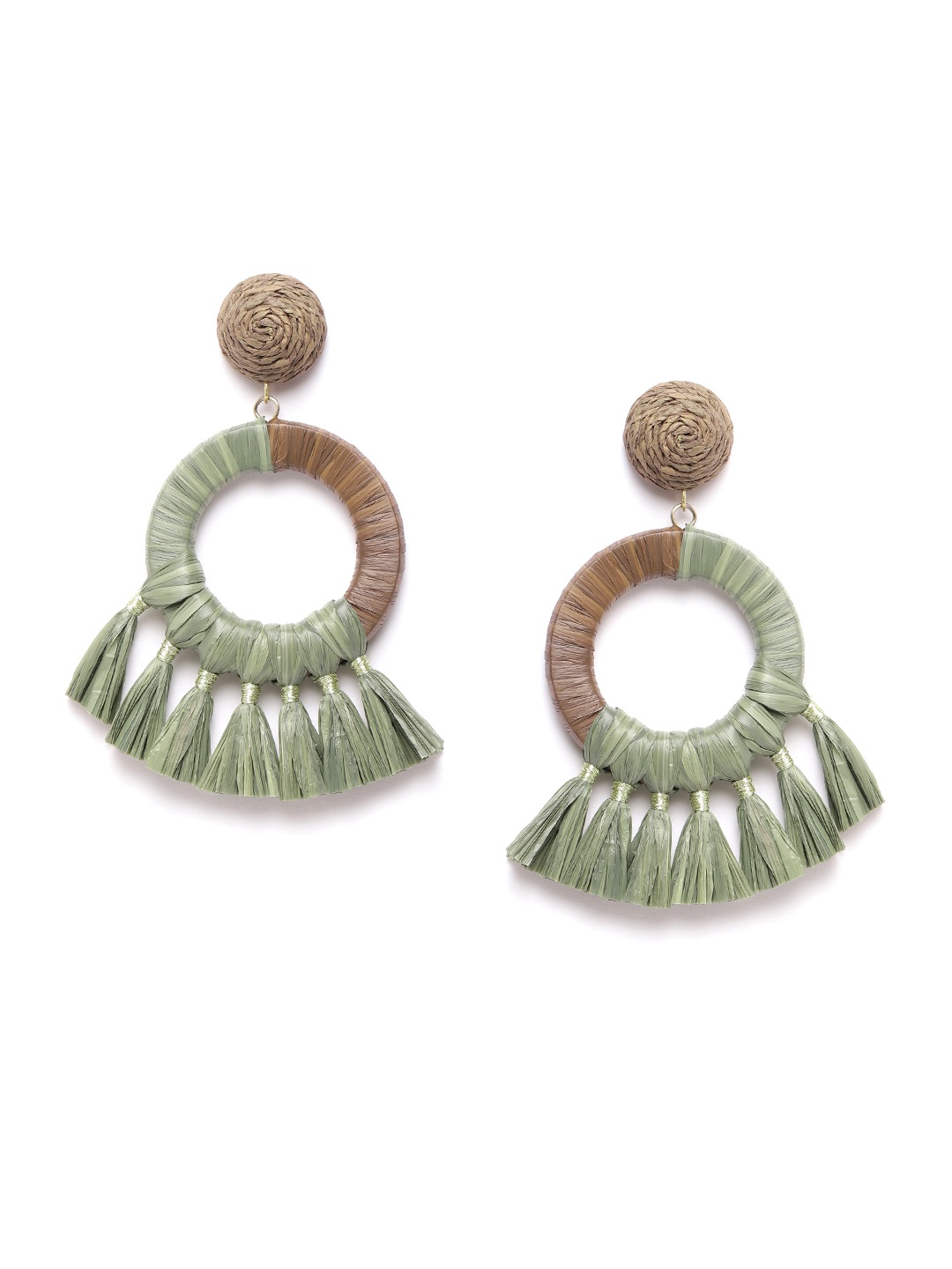 

Blueberry Green & Brown Handcrafted Tasselled Circular Drop Earrings