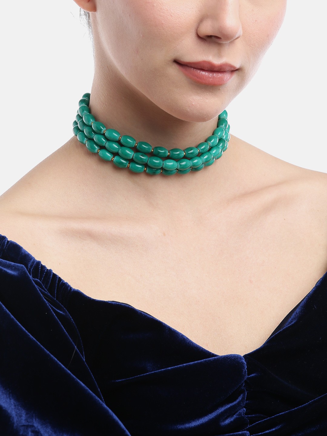 

Blueberry Sea Green & Gold-Toned Beaded Multistranded Handcrafted Choker