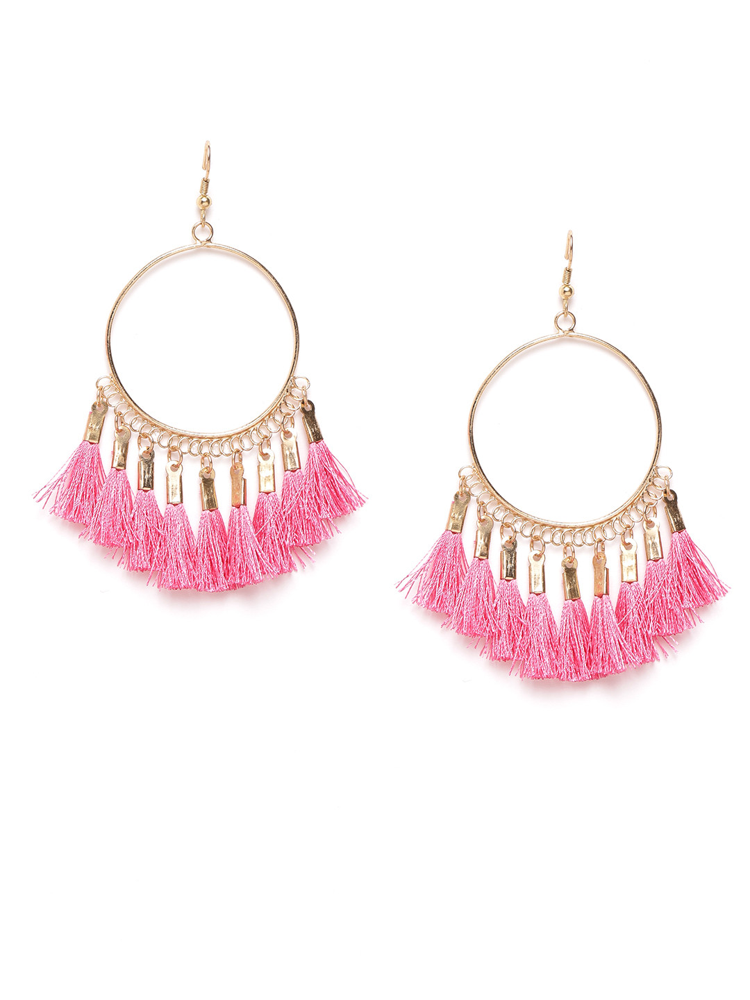 

Blueberry Pink Gold-Plated Tasselled Circular Drop Earrings