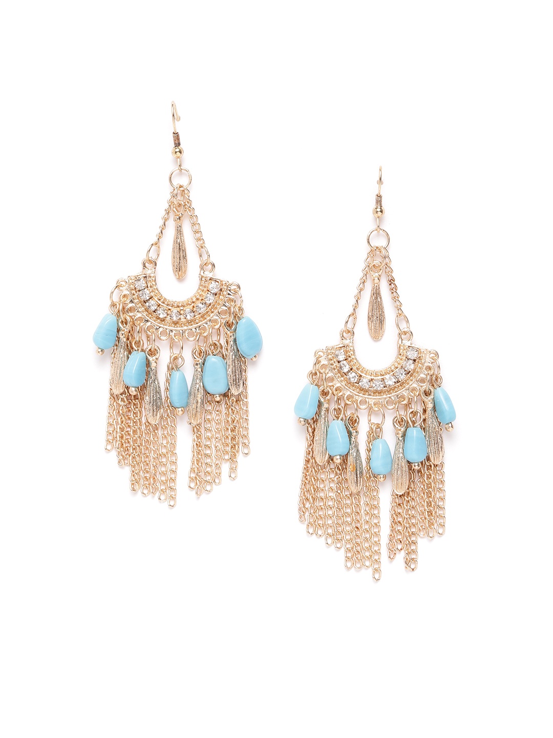 

Blueberry Turquoise Blue Gold-Plated Handcrafted Tasselled Stone-Studded Drop Earrings