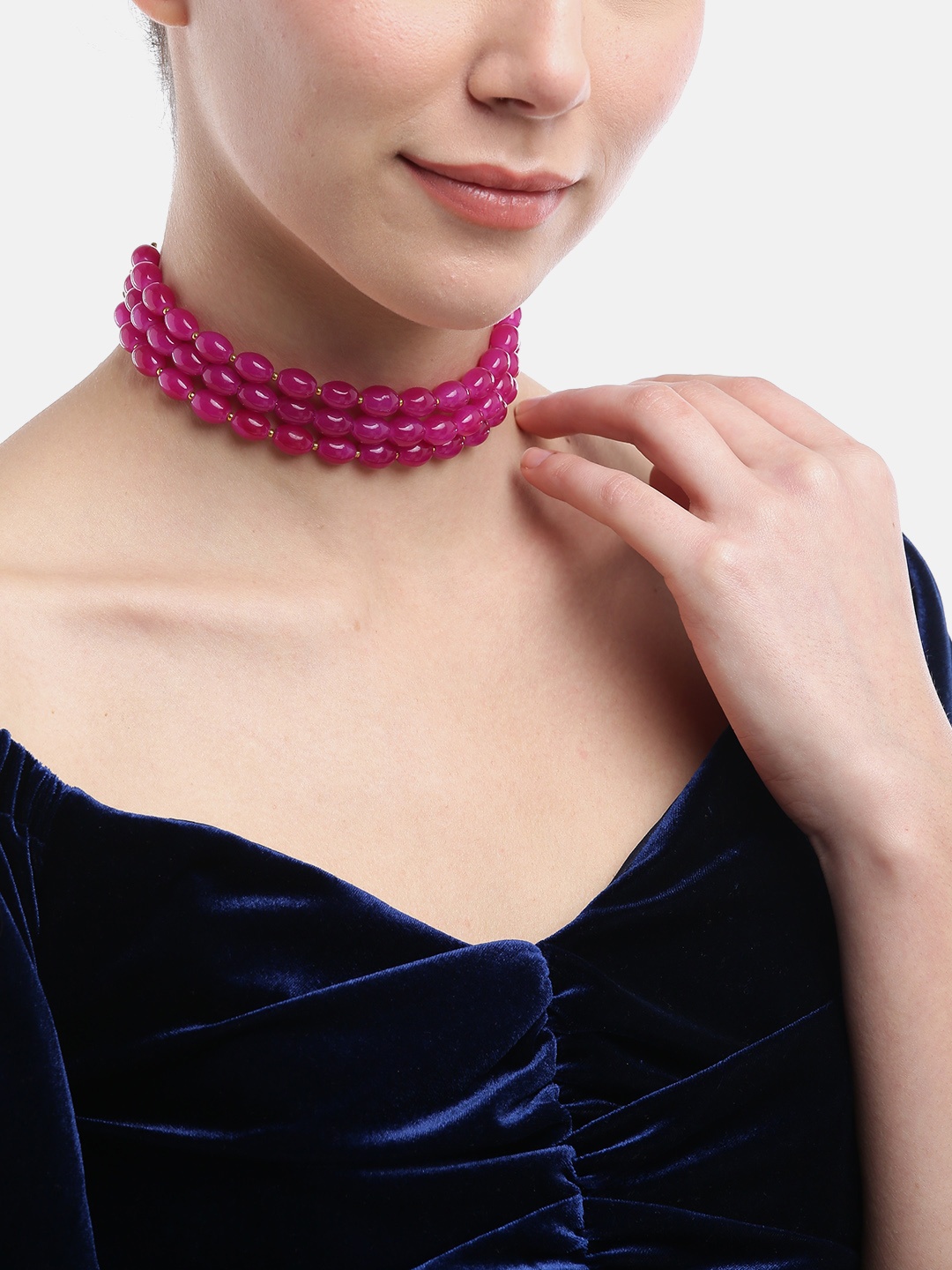 

Blueberry Magenta & Gold-Toned Beaded Multistranded Handcrafted Choker