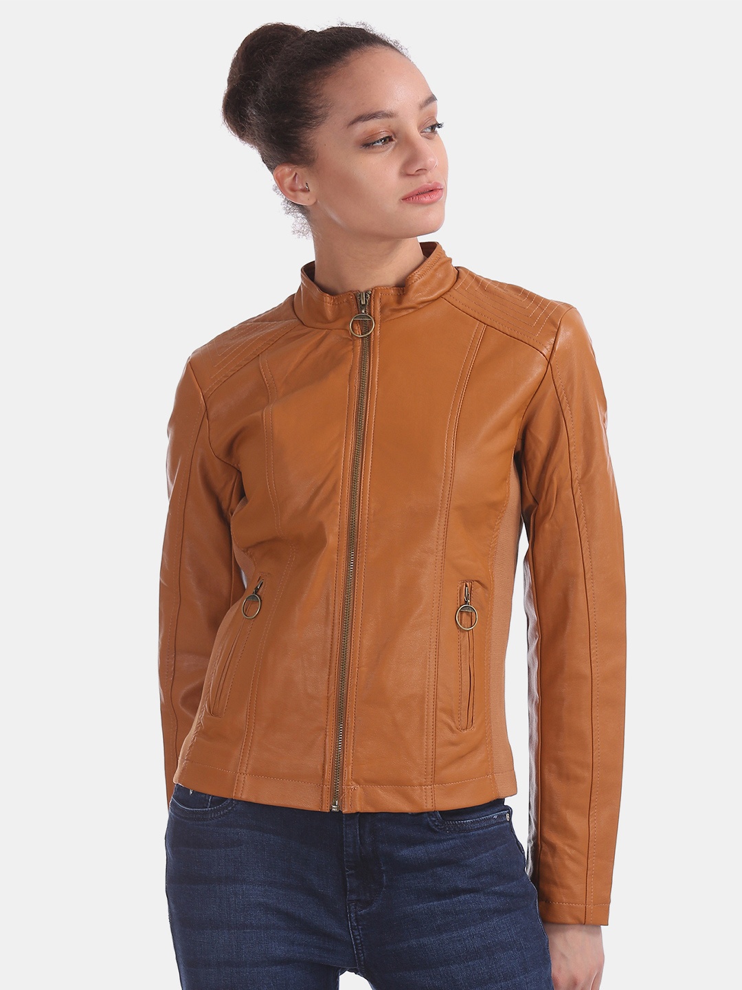 

Flying Machine Women Brown Solid Biker Jacket