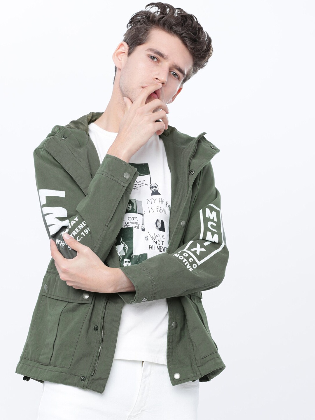 

LOCOMOTIVE Men Green Printed Open Front Shacket