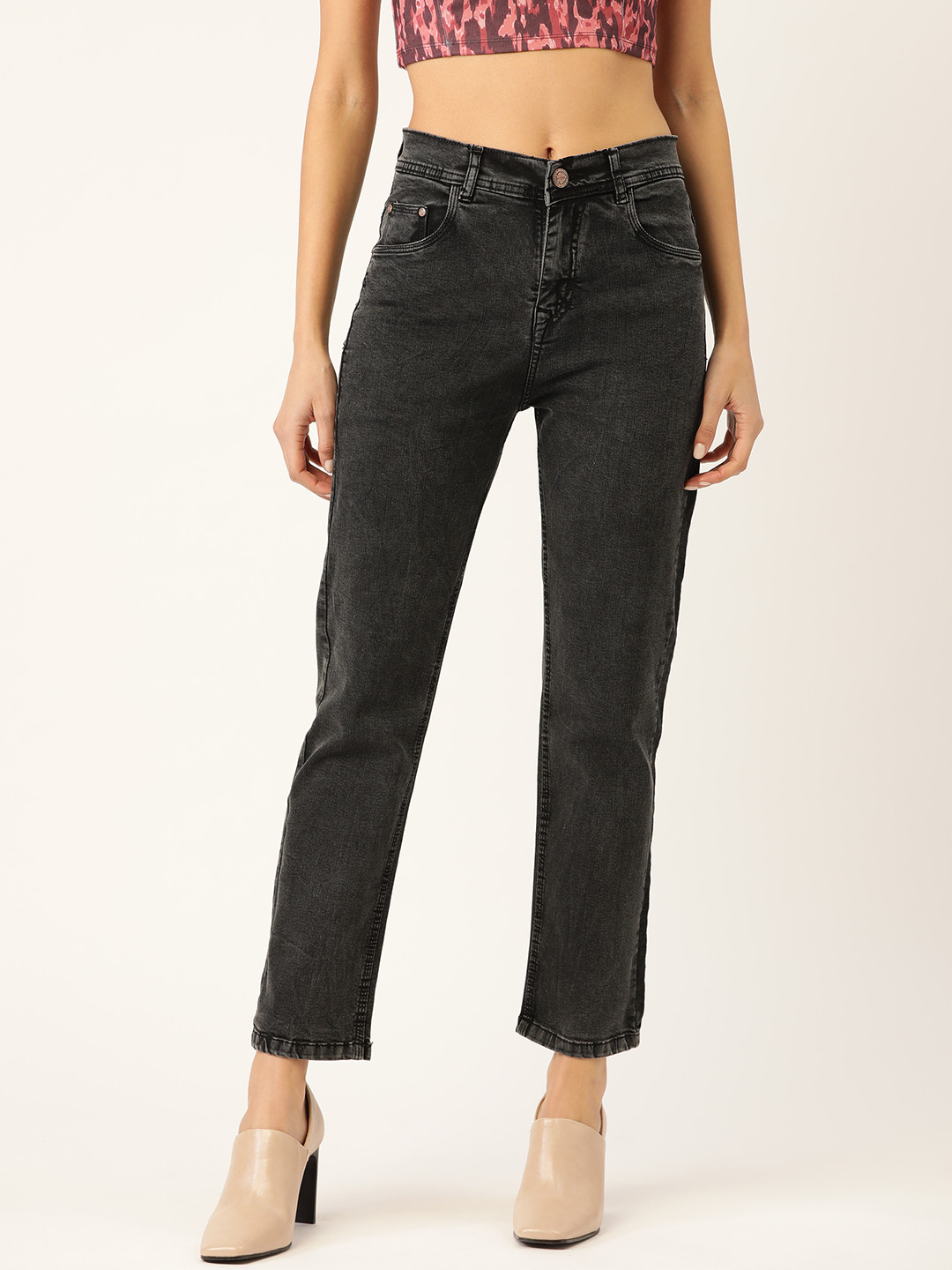 

PARIS HAMILTON Women Charcoal Grey Boyfriend Fit High-Rise Clean Look Stretchable Jeans