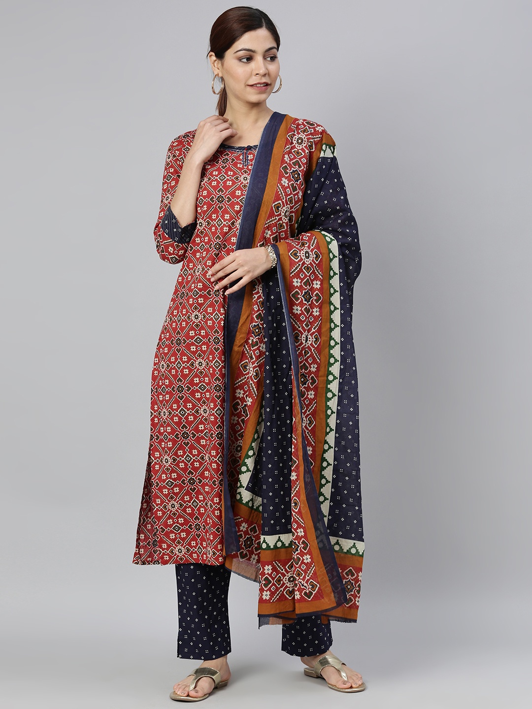 

AHIKA Women Maroon & White Printed Kurta with Trousers & Dupatta