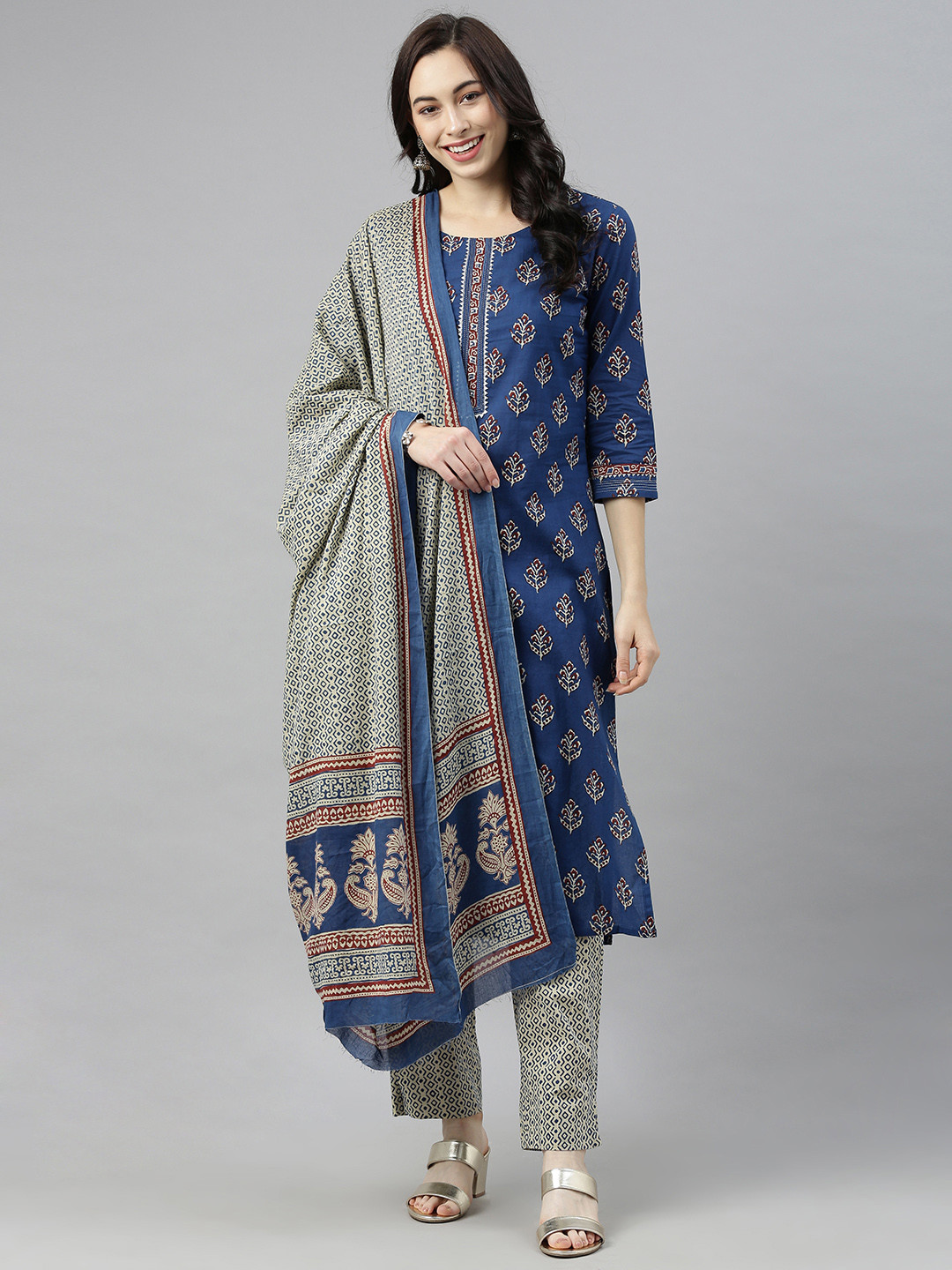 

AHIKA Women Blue & Beige Printed Kurta with Palazzos & Dupatta