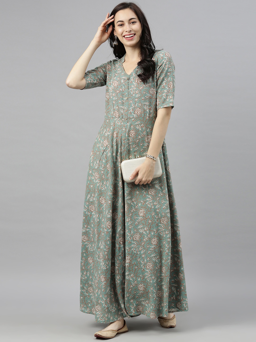 

AHIKA Women Green & Brown Floral Printed Kurta