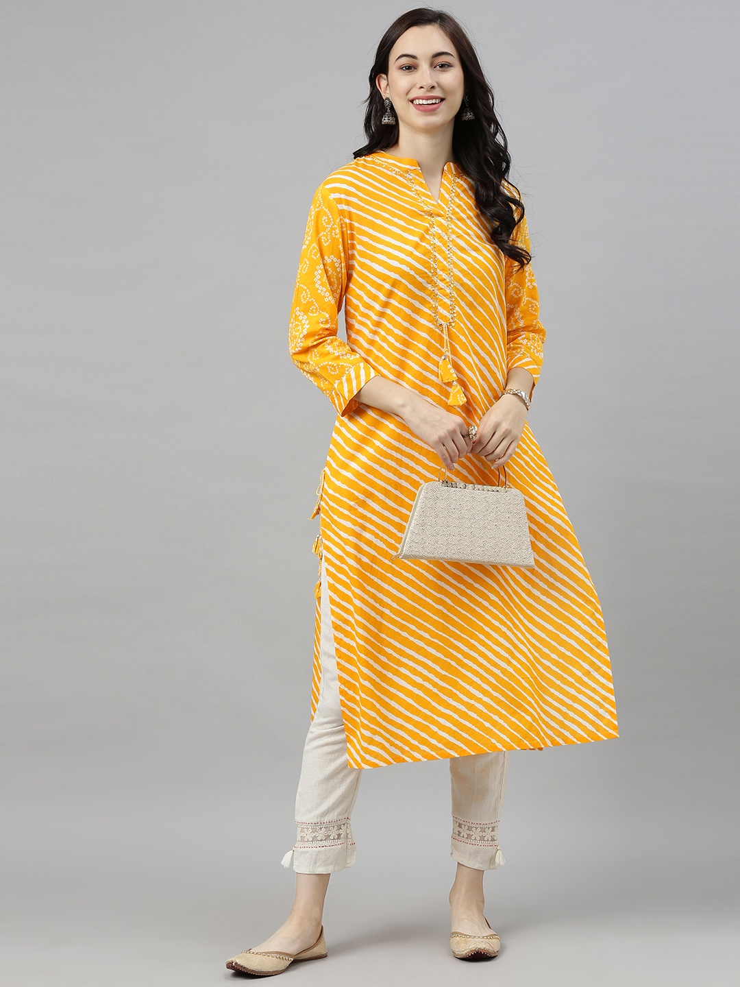 

AHIKA Women Mustard Yellow & White Striped Kurta