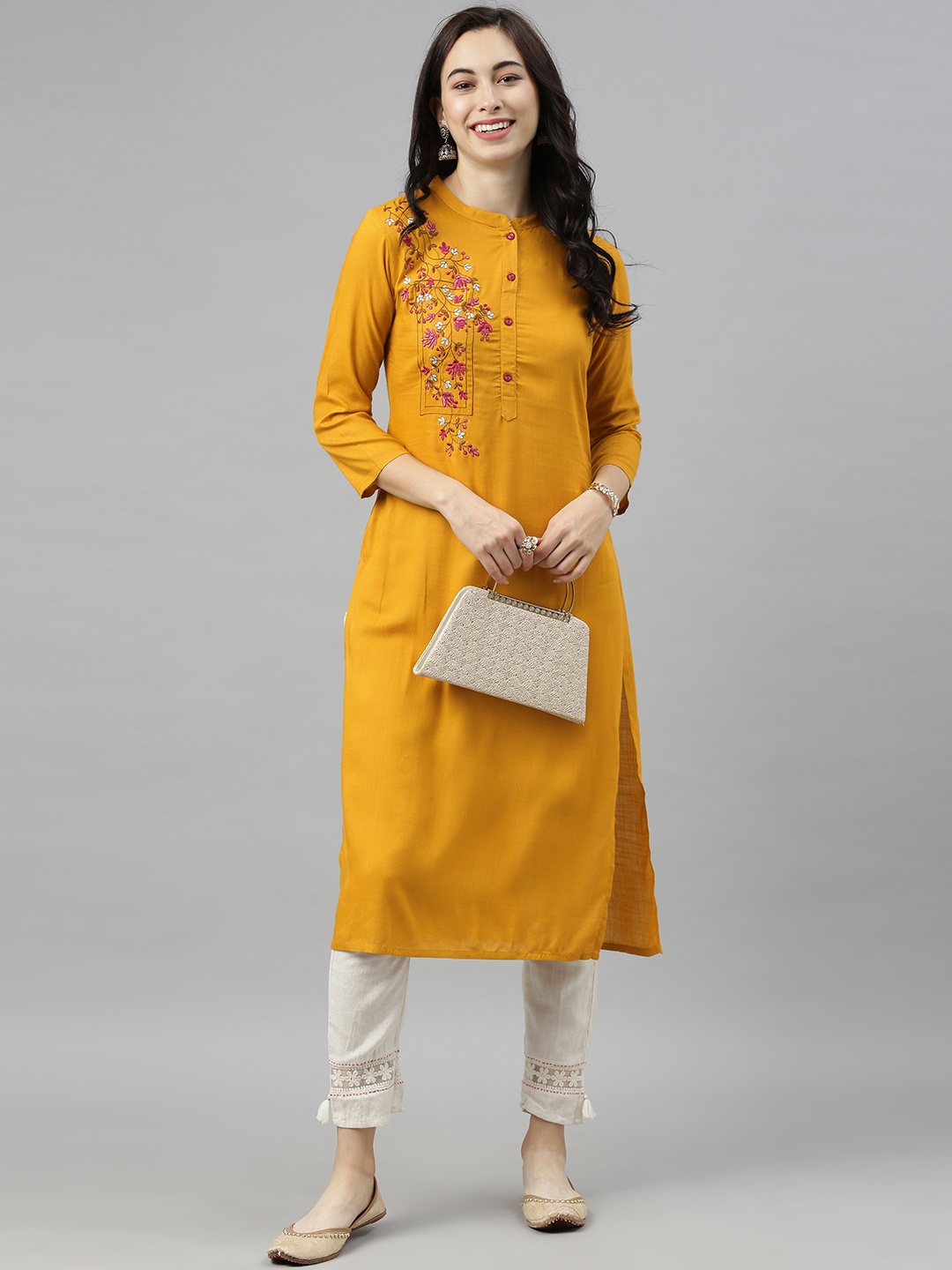 

AHIKA Women Mustard Yellow Floral Embroidered Thread Work Kurta