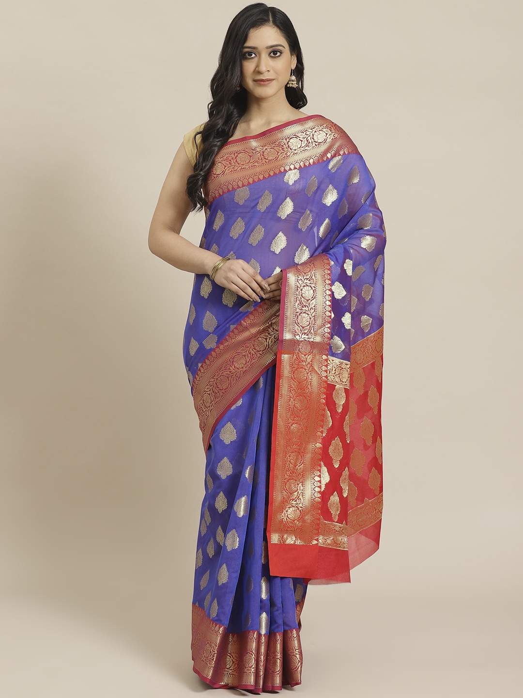 

swatika Blue & Golden Handloom Woven Design Chanderi Saree