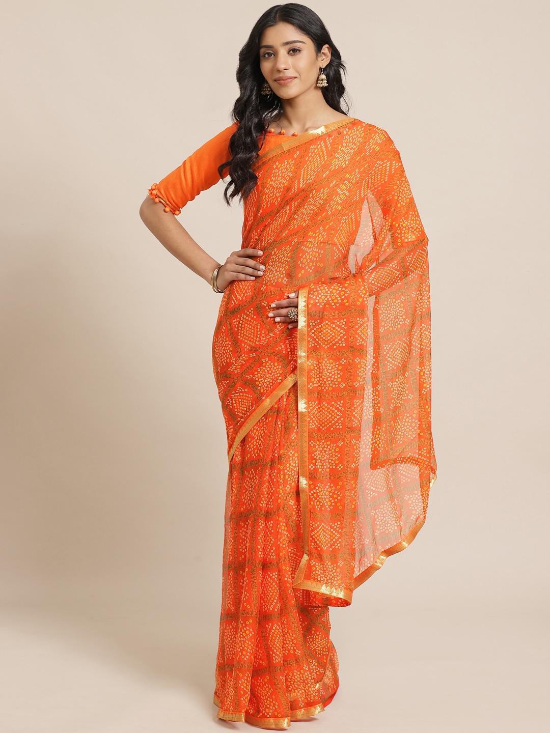 

Saree mall Orange & Beige Printed Bandhani Saree