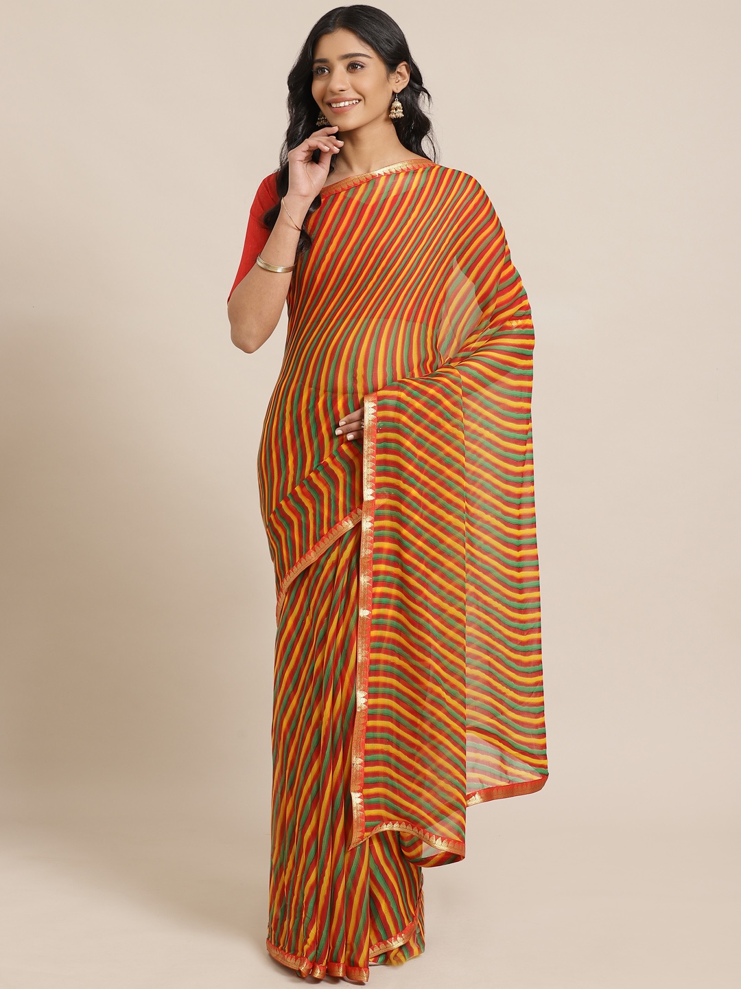 

Saree mall Mustard Yellow & Red Printed Leheriya Saree