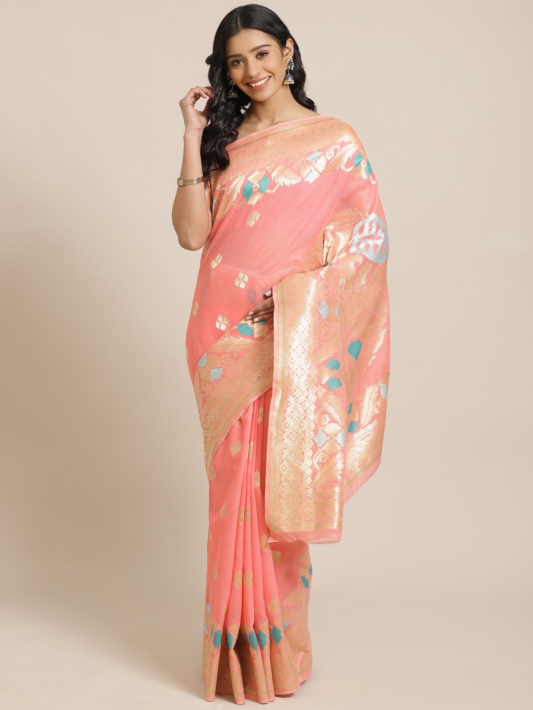 

Saree mall Pink & Golden Woven Design Banarasi Saree