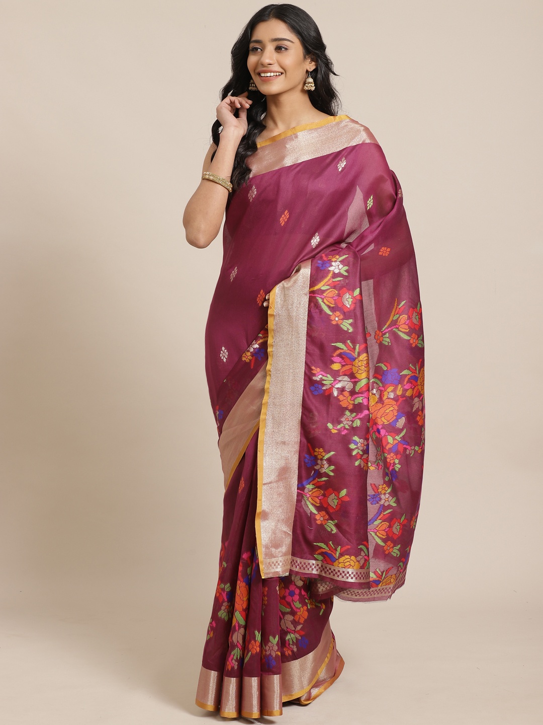 

Saree mall Magenta & Beige Woven Design Jamdani Saree