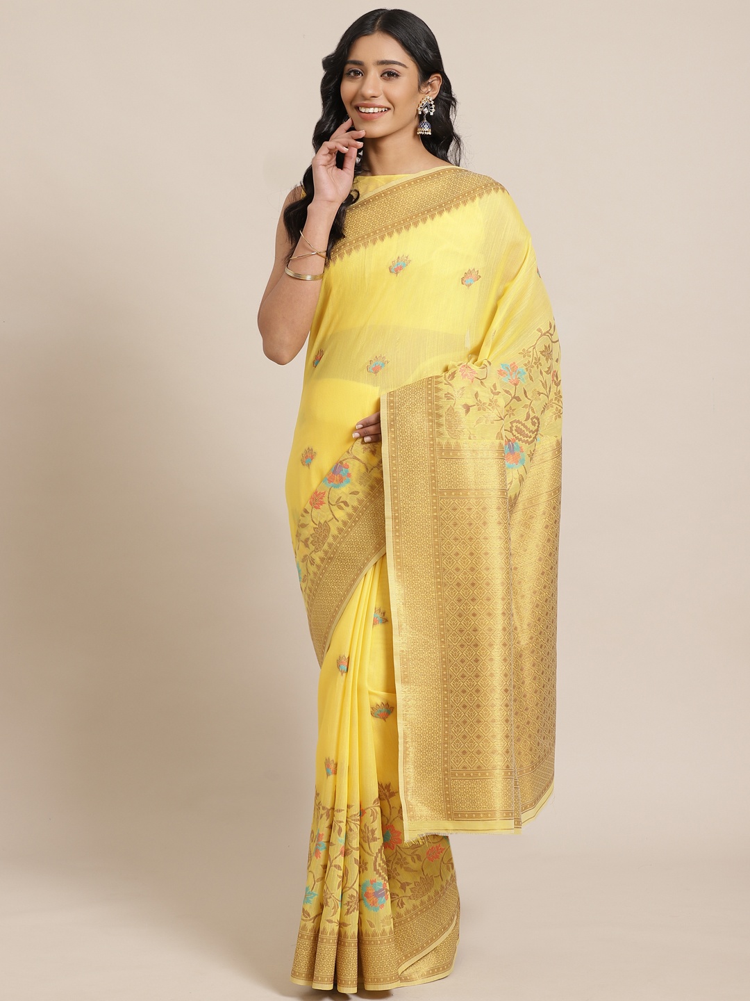 

Saree mall Mustard Yellow & Golden Floral Woven Design Banarasi Saree