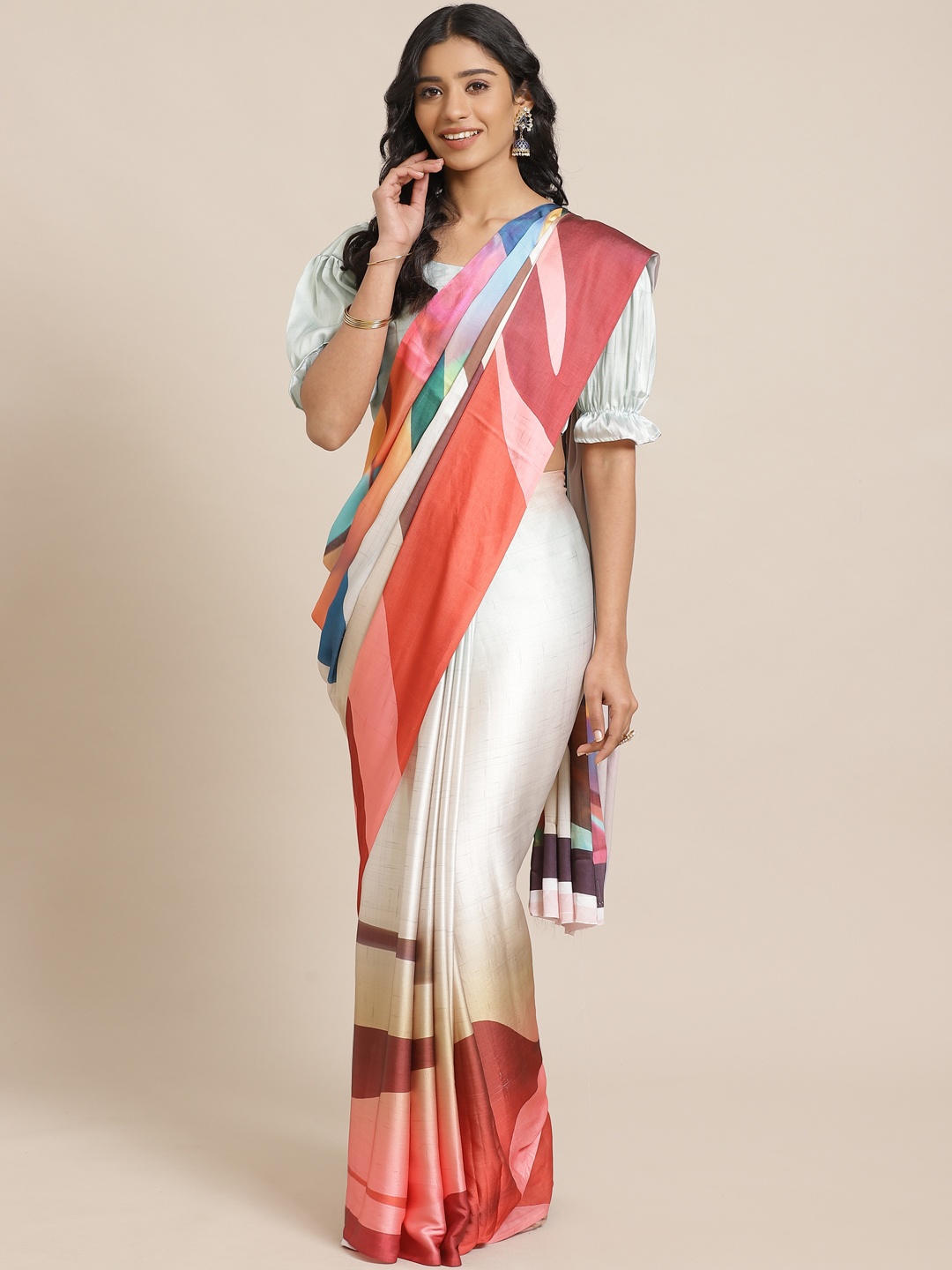 

Saree mall Off-White & Red Printed Saree With Satin Finish