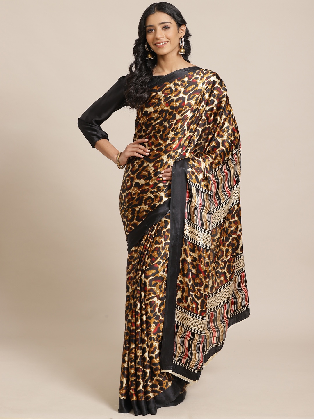 

Saree mall Brown & Black Animal Printed Saree With Satin Finish