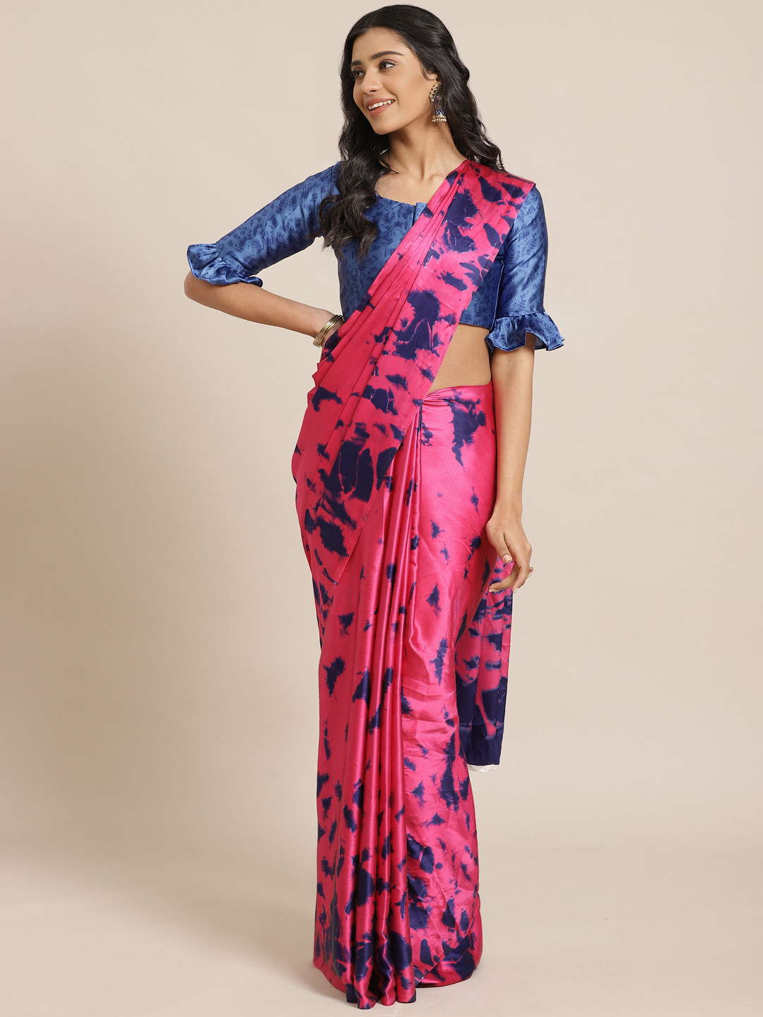 

Saree mall Pink & Navy Blue Satin Finish Printed Saree