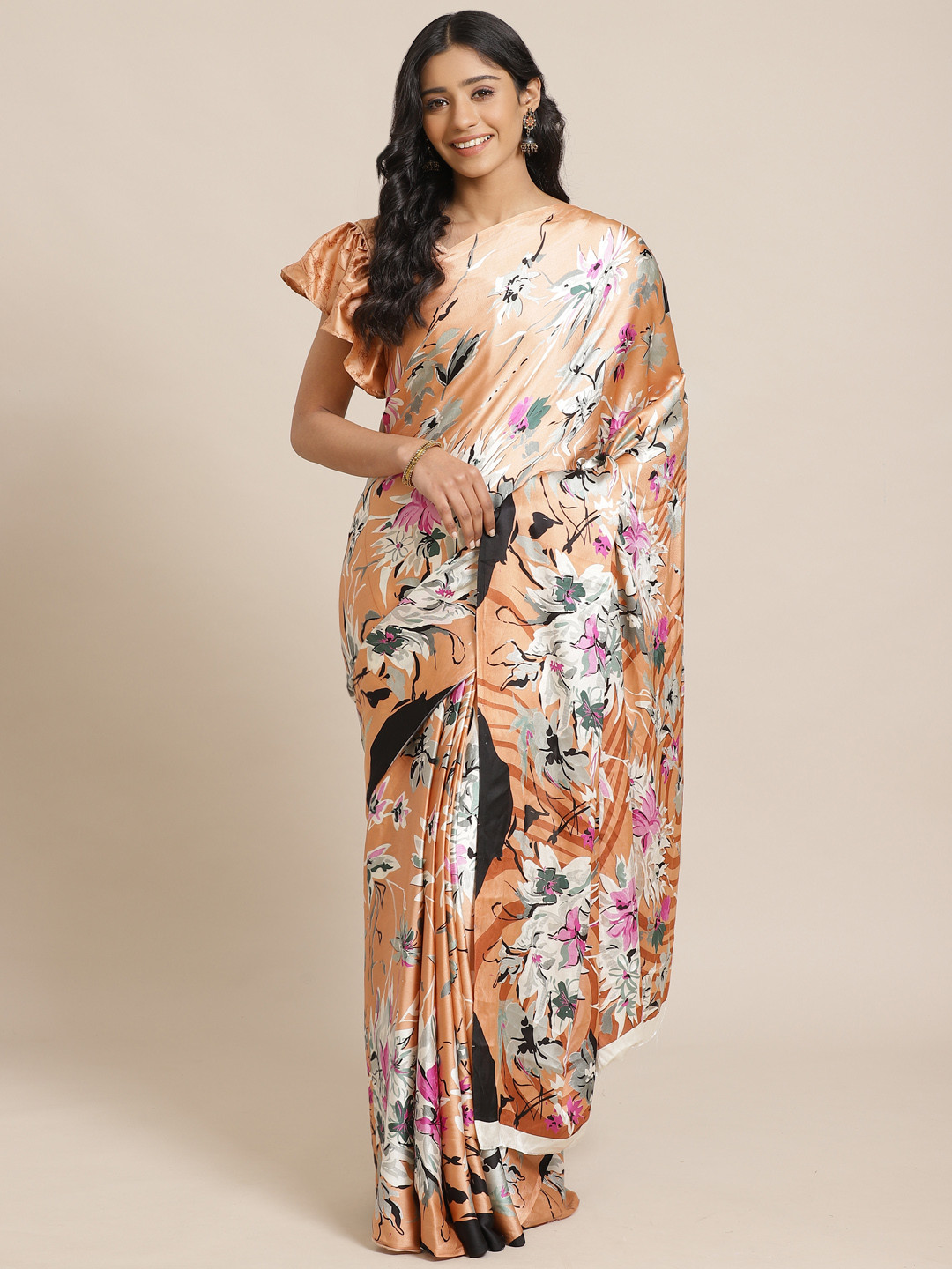 

Saree mall Peach-Coloured & Off-White Floral Printed Saree