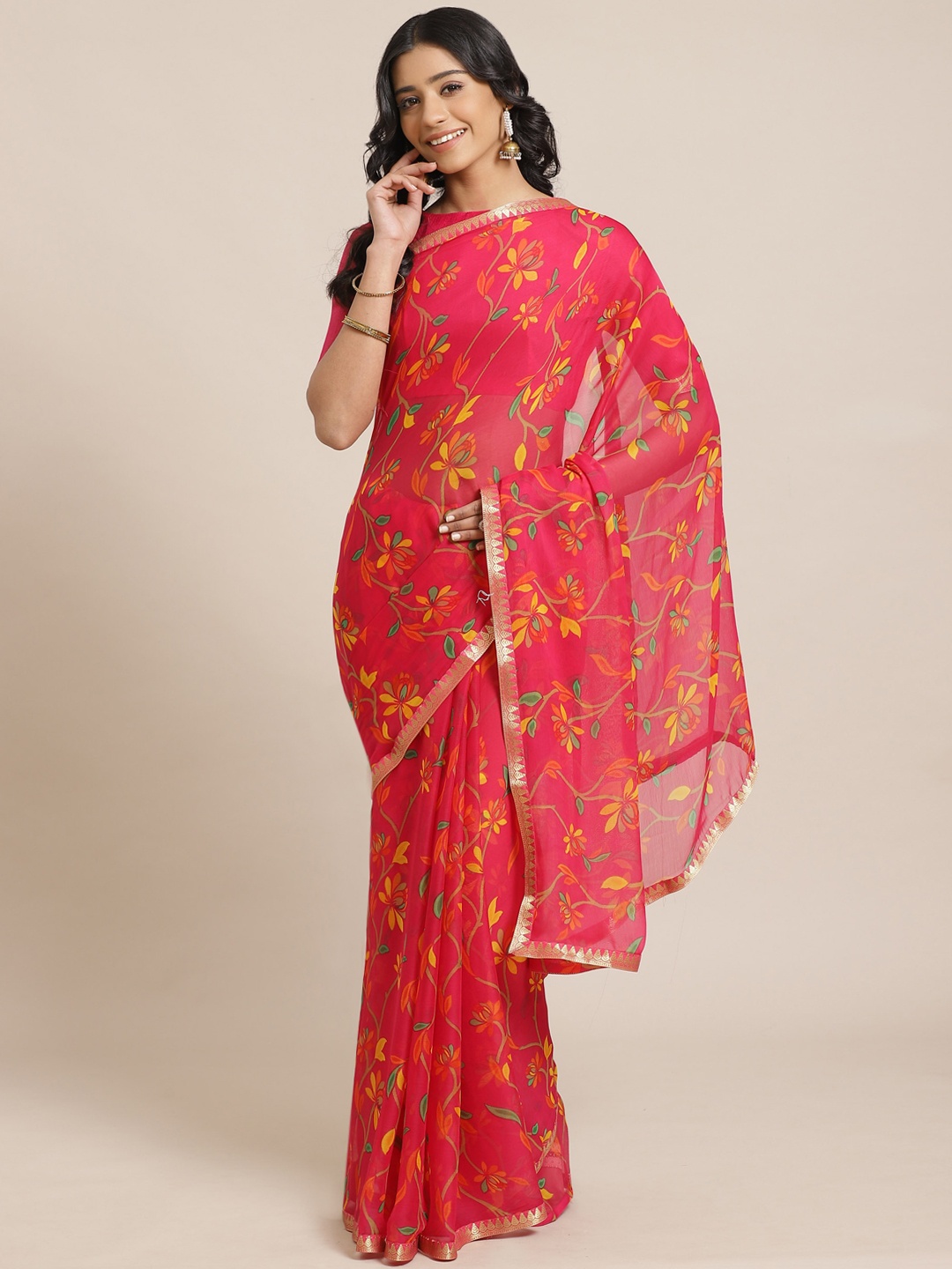 

Saree mall Pink & Yellow Floral Printed Saree