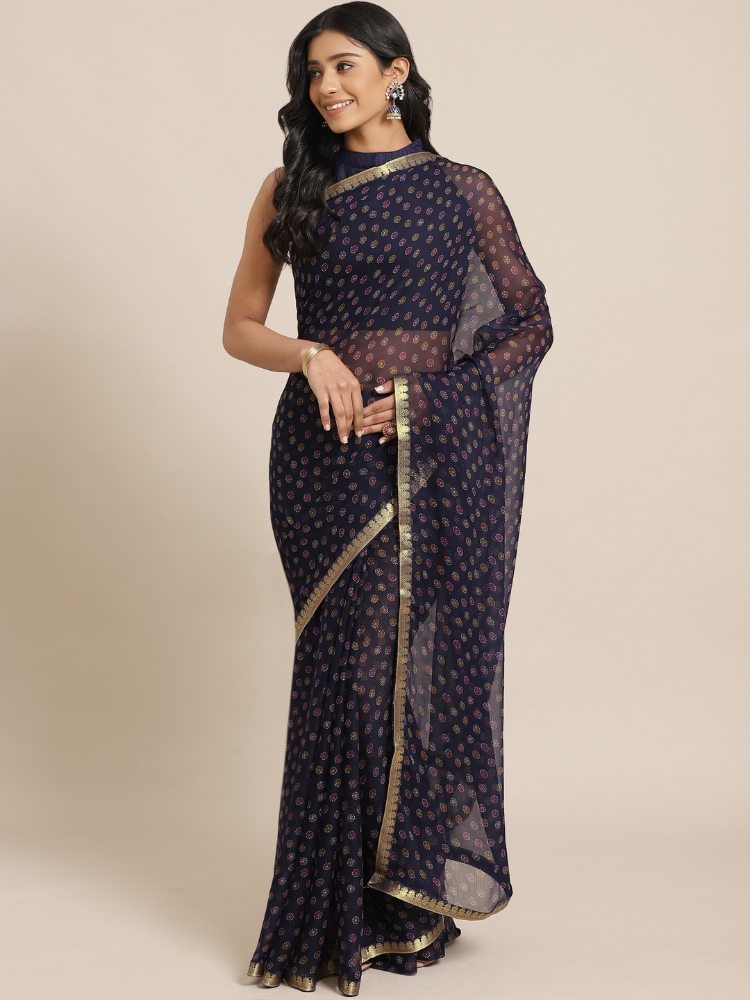 

Saree mall Navy Blue & Pink Printed Saree
