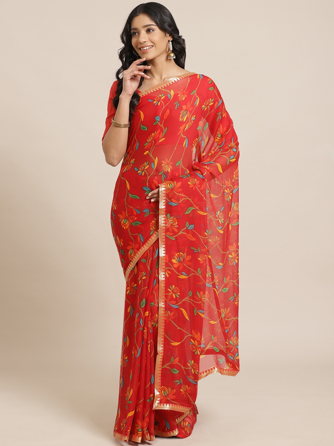 

Saree mall Red & Green Floral Printed Saree