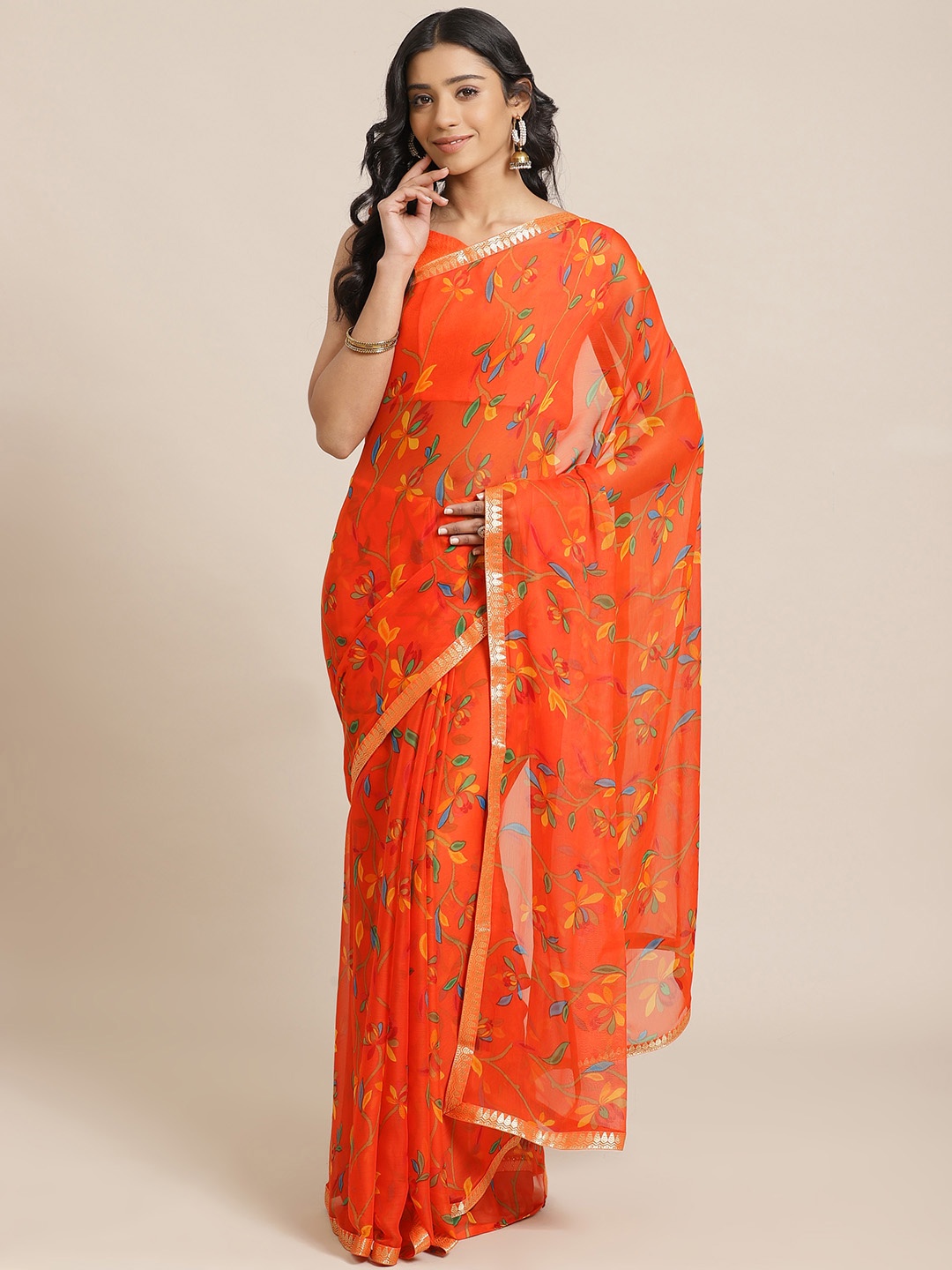 

Saree mall Orange & Blue Floral Printed Saree