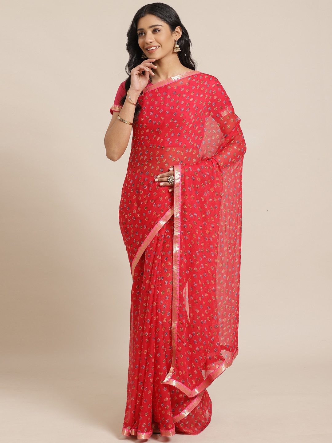 

Saree mall Coral Red & Blue Printed Saree