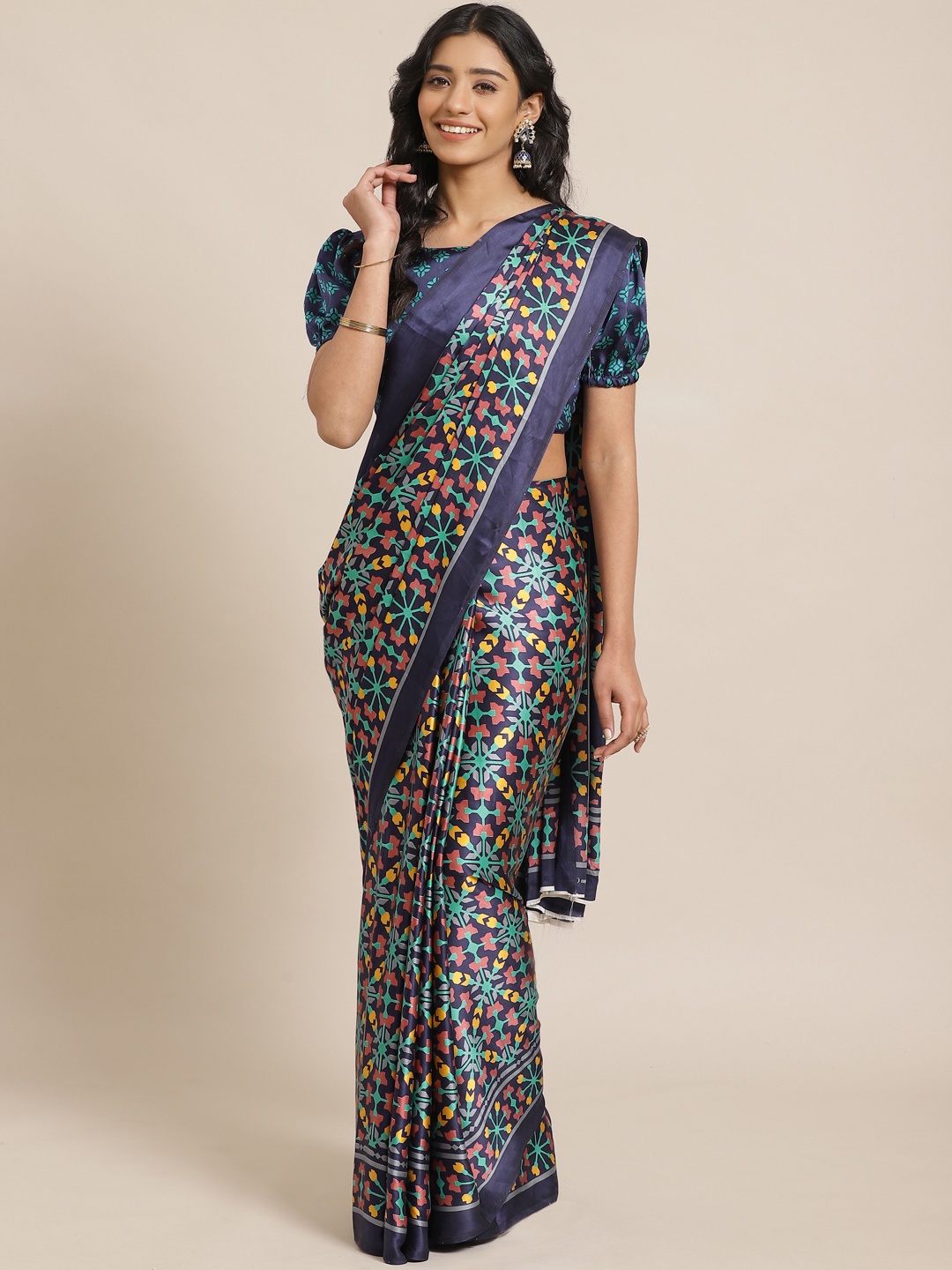 

Saree mall Navy Blue & Red Printed Saree