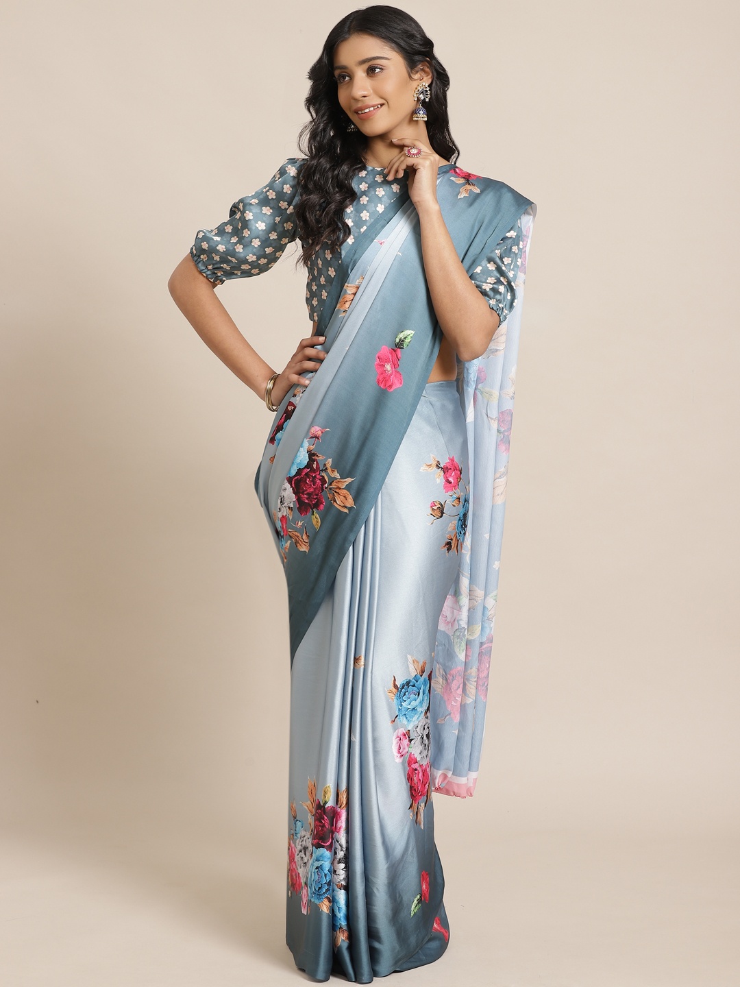 

Saree mall Grey & Pink Floral Printed Saree