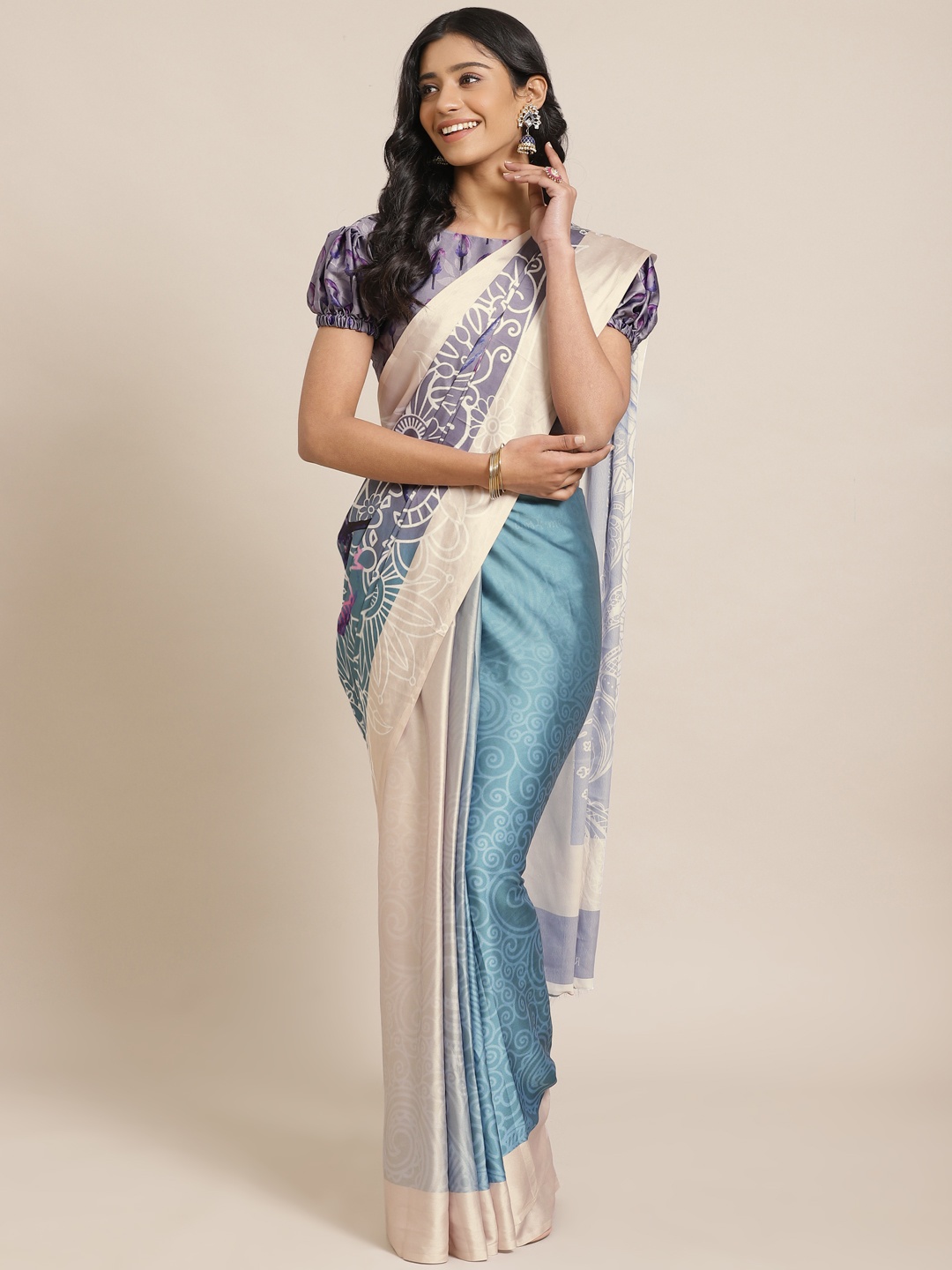 

Saree mall Grey & Blue Printed Saree With Satin Finish