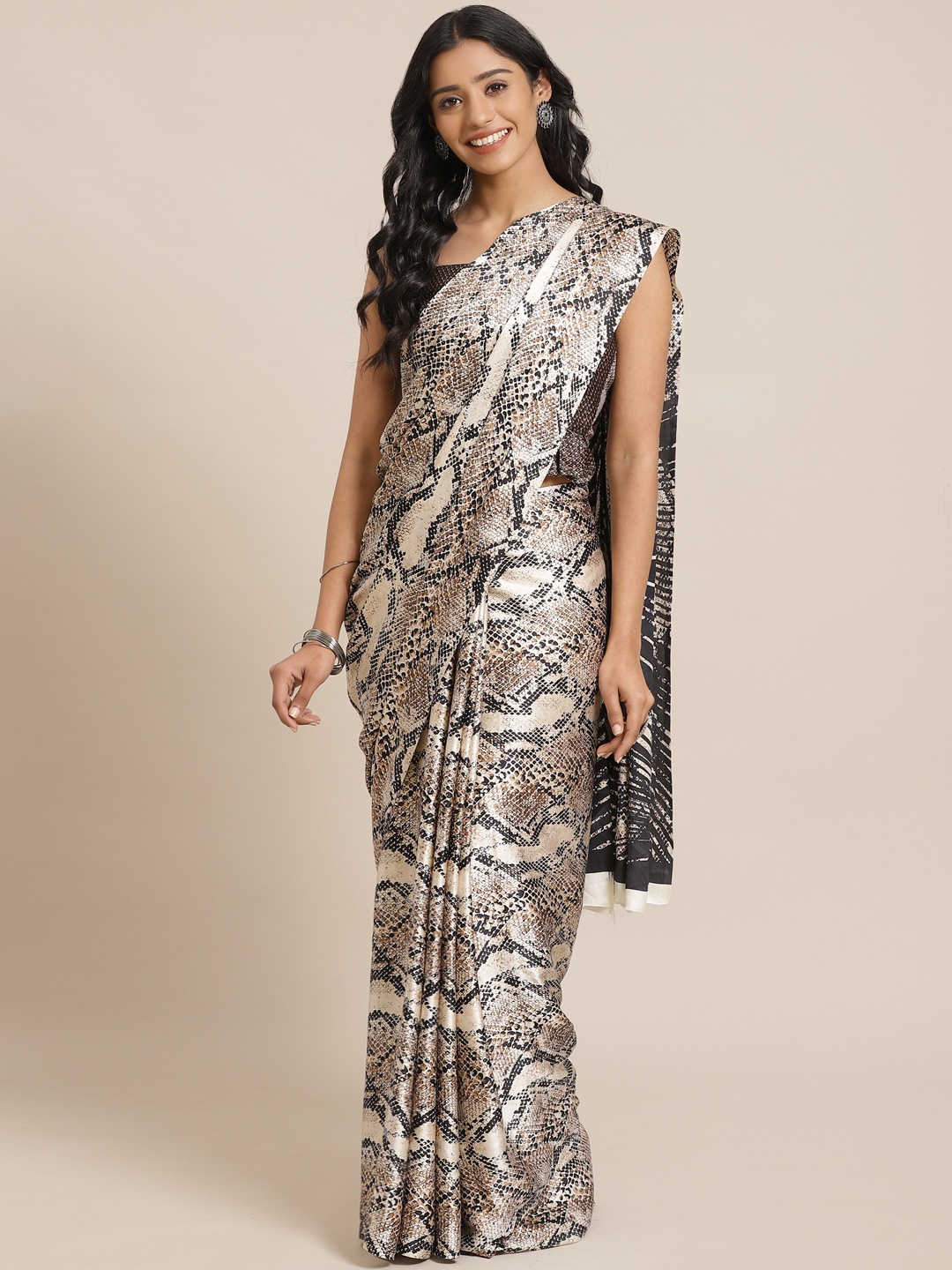 

Saree mall Beige & Black Snake Skin Print Saree