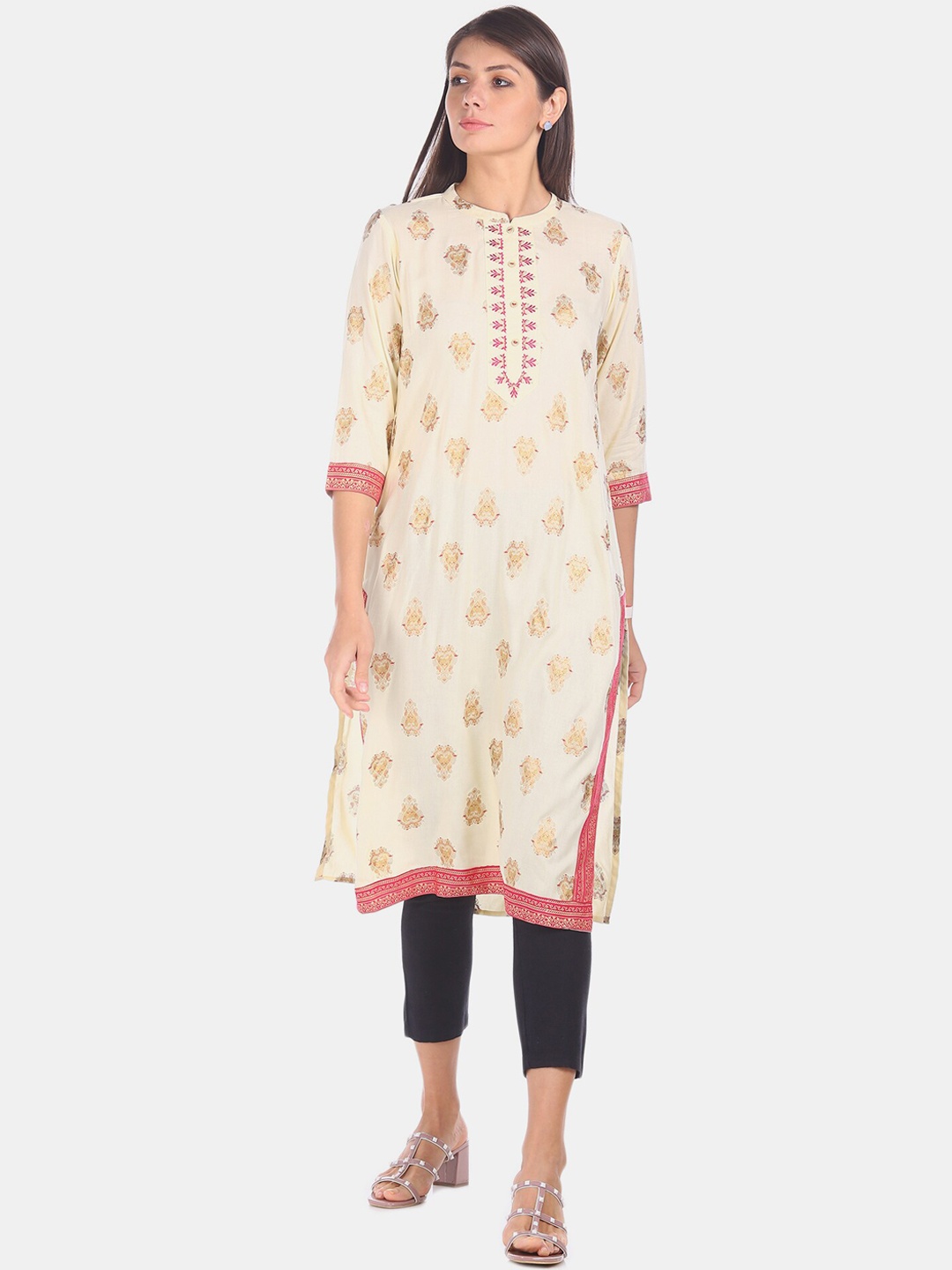 

Karigari Women Cream-Coloured Printed Straight Kurta