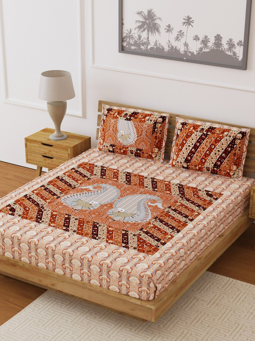 

LIVING ROOTS White & Brown Printed 210 TC Cotton 1 King Bedsheet with 2 Pillow Covers
