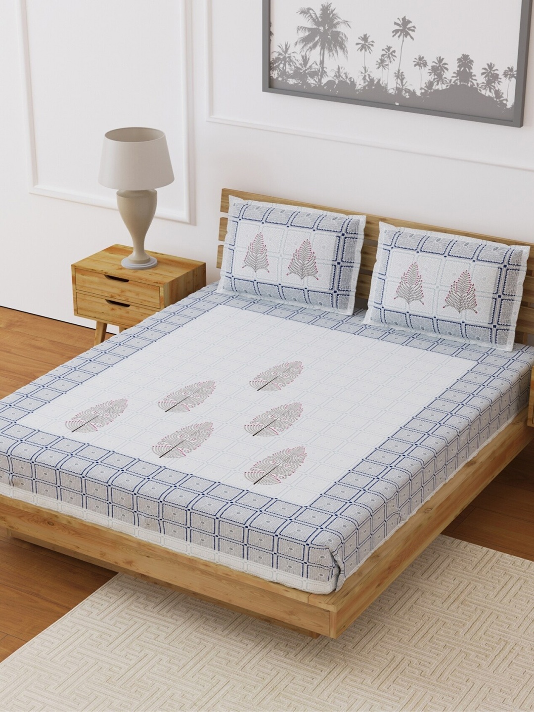 

LIVING ROOTS Grey & White Printed 210 TC Cotton 1 King Bedsheet with 2 Pillow Covers