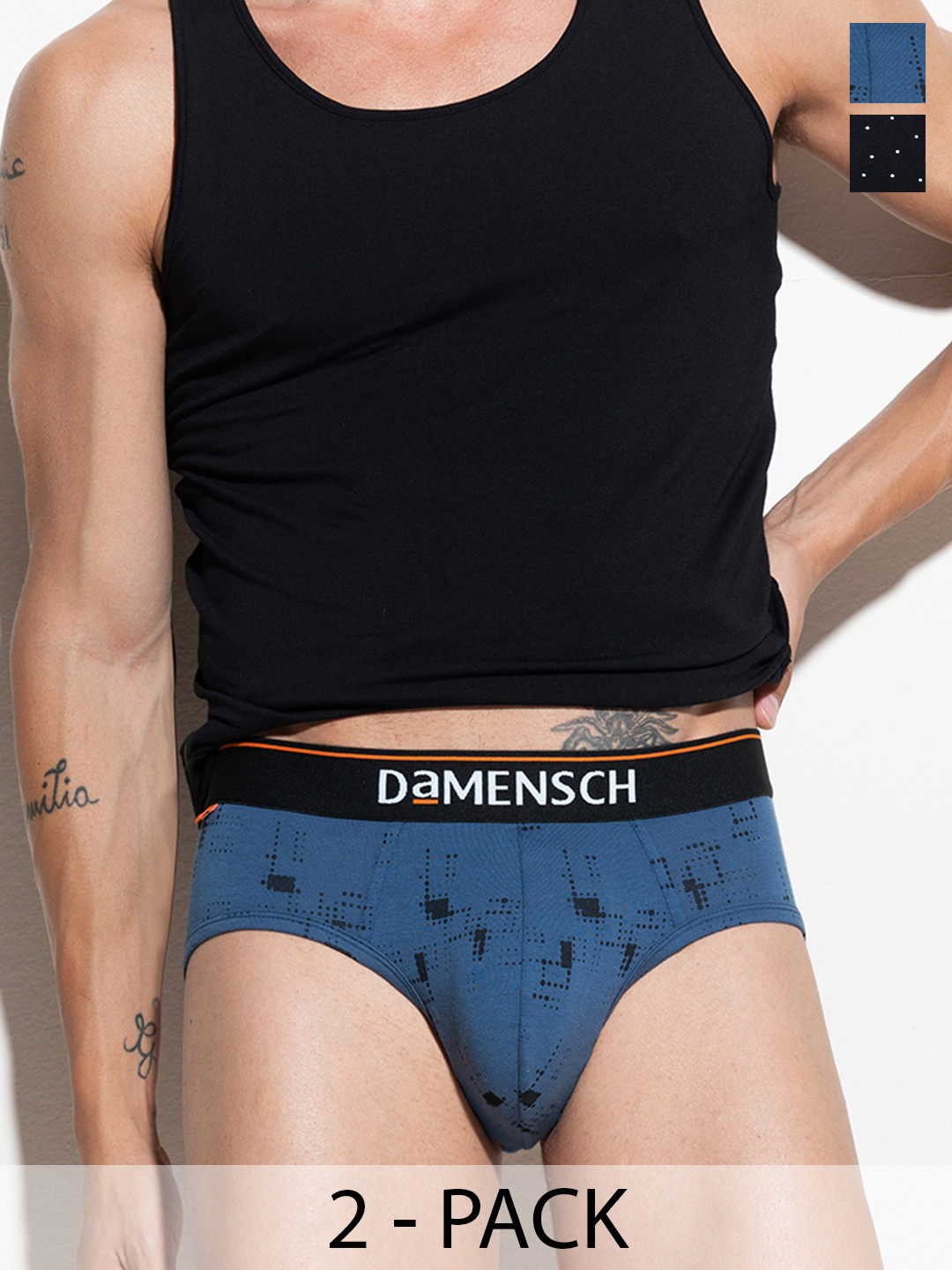 

DAMENSCH Men Pack of 2 Blue & Black Printed Briefs DAM-CTP-B-MRB-SPB