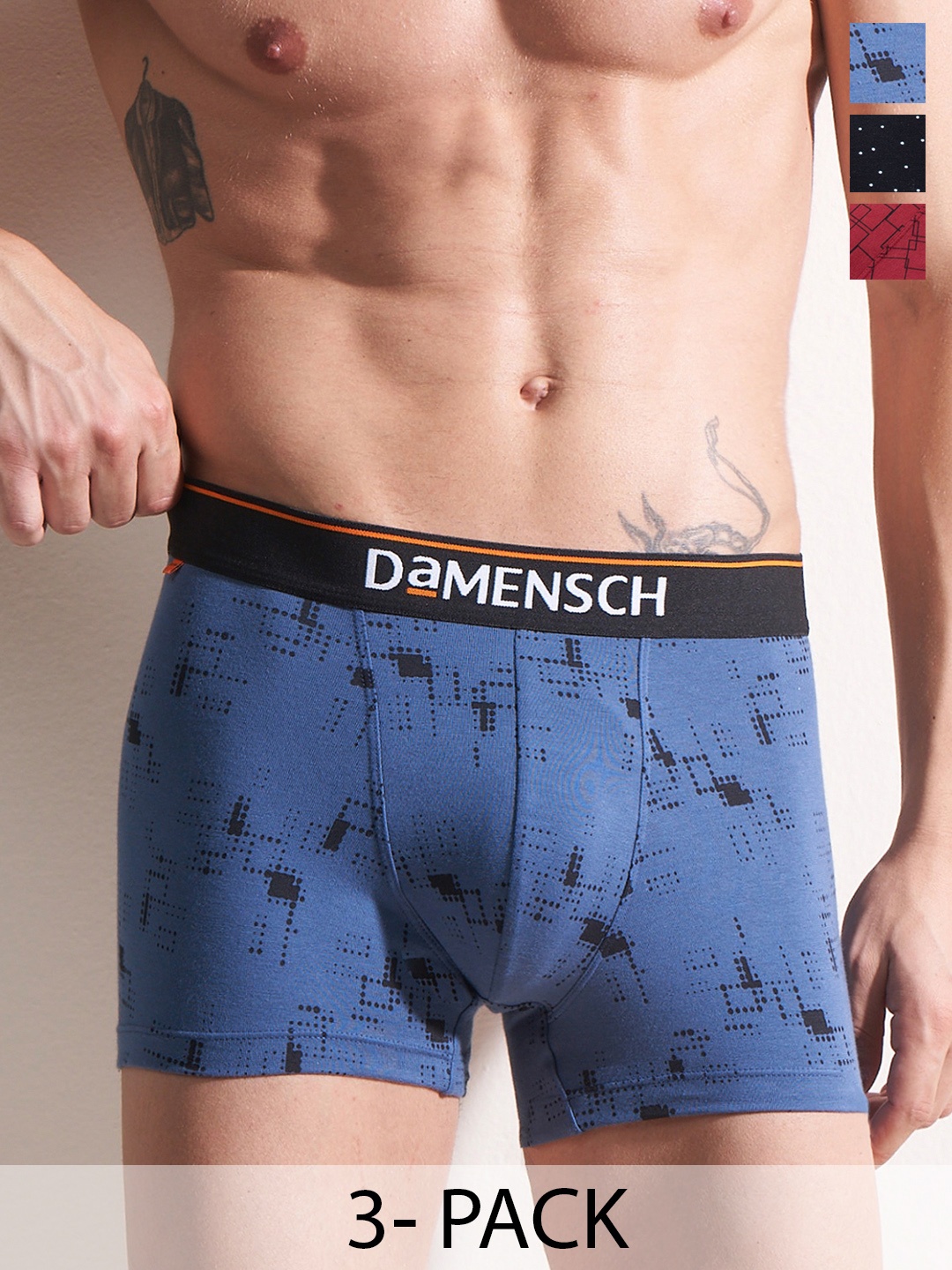 

DAMENSCH Men Pack Of 3 Printed Deo-Cotton Anti Bacterial Trunks DAM-CTP-T-MRB-SPB-SNR, Blue