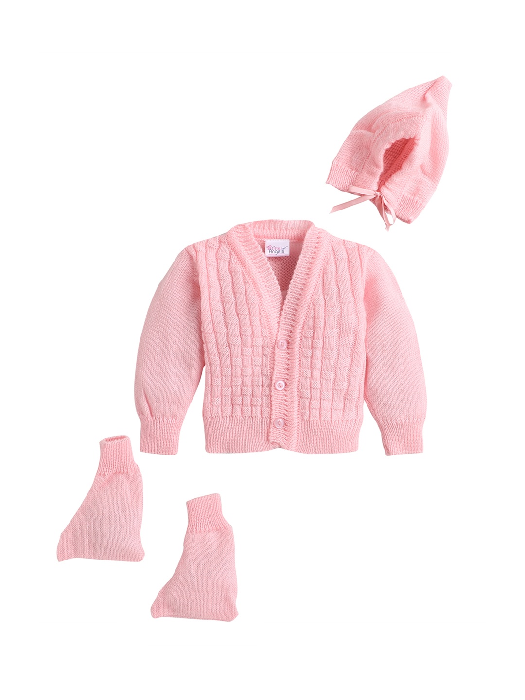

Little Angels Unisex Kids Pink Self Design Acrylic Cardigan Sweater Set