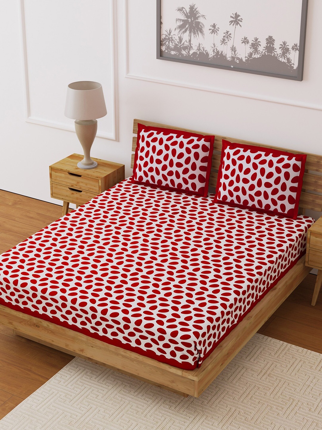 

LIVING ROOTS Red & White Geometric 210 TC Cotton 1 Queen Bedsheet with 2 Pillow Covers